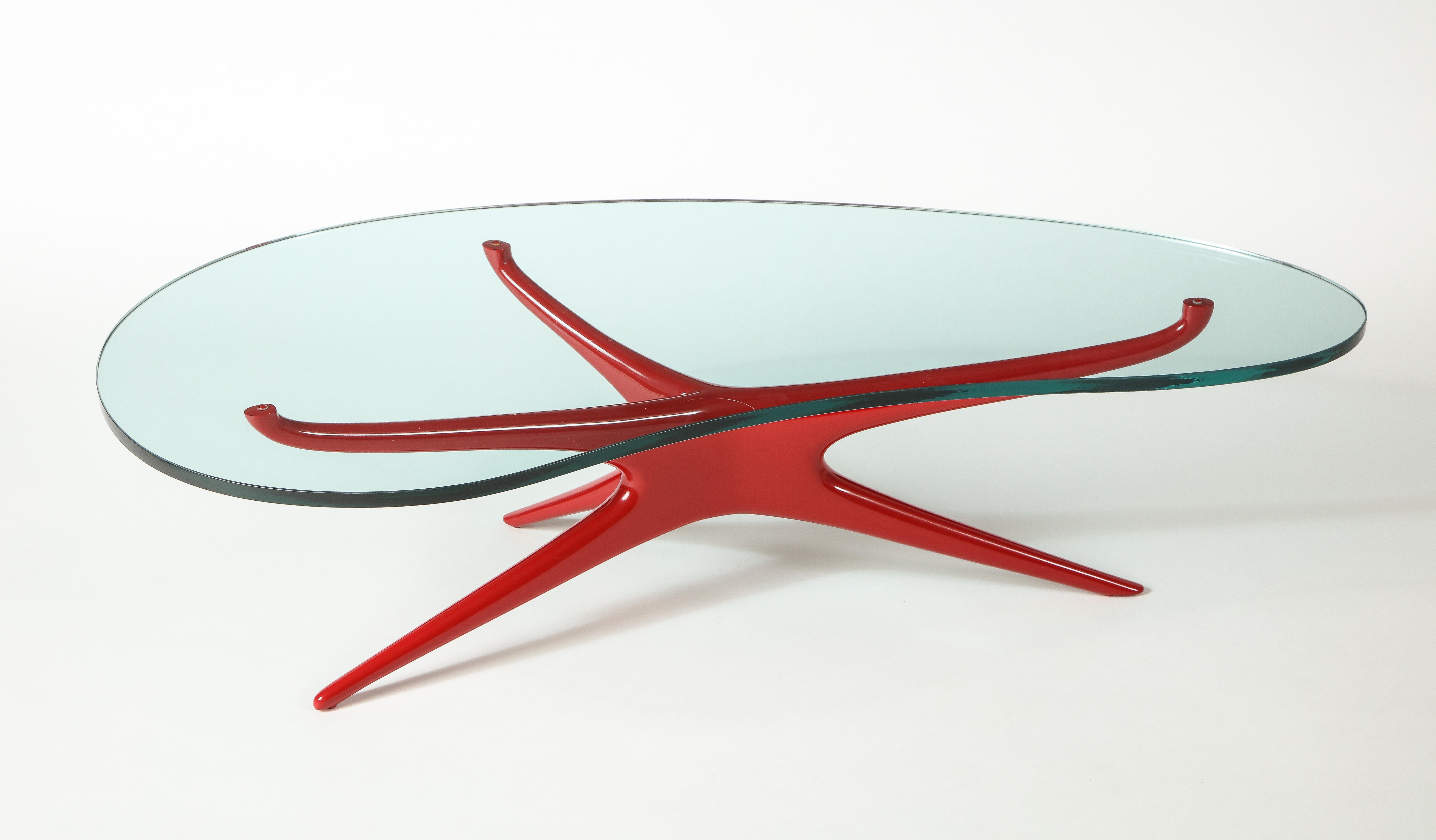 Vladimir Kagan 412 Sculpted Coffee Table with Clear Glass Top & Red Lacquer Base 3
