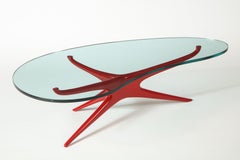 Vladimir Kagan 412 Sculpted Coffee Table with Clear Glass Top & Red Lacquer Base