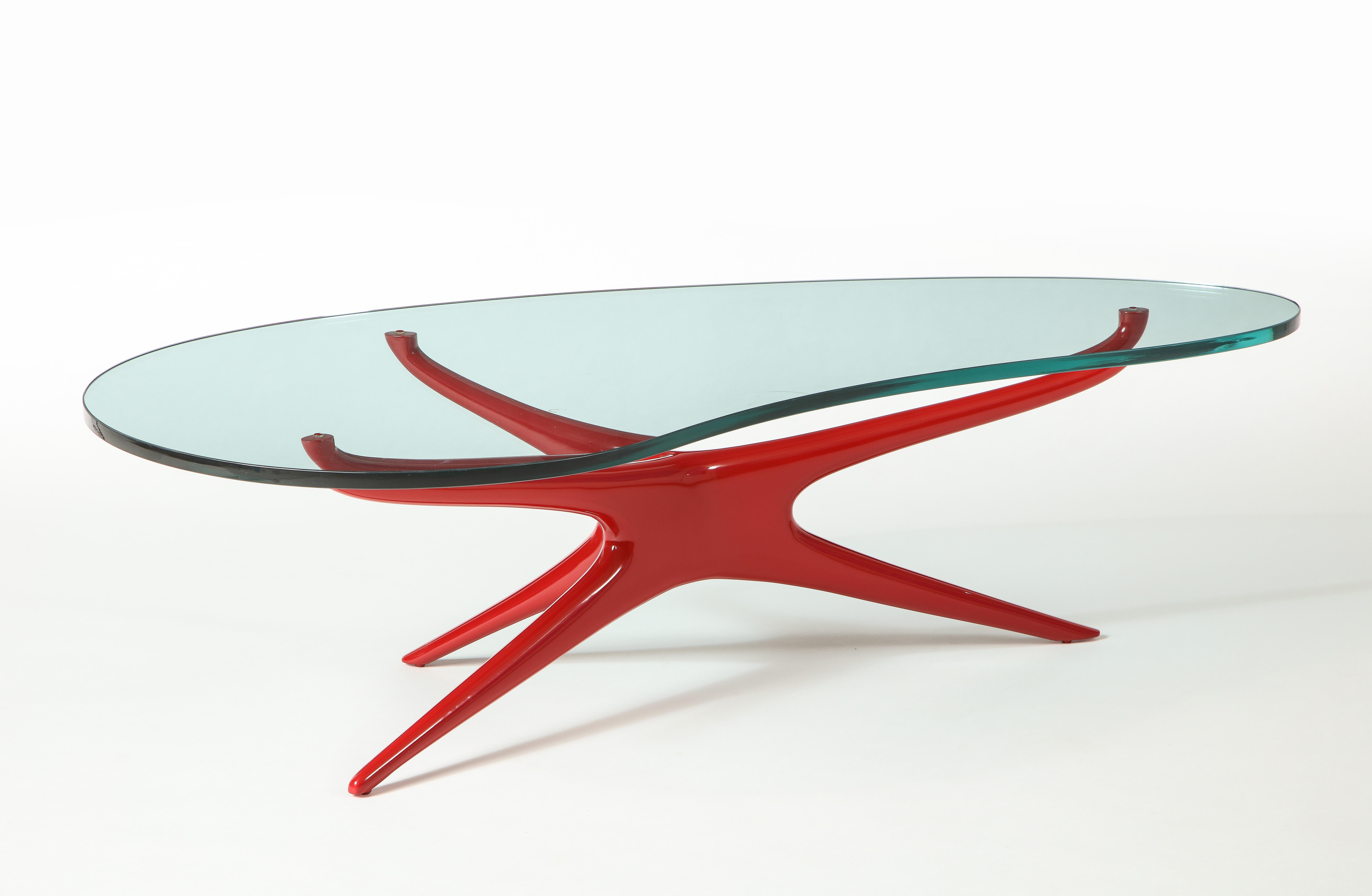Modern Vladimir Kagan 412 Sculpted Coffee Table with Clear Glass Top & Red Lacquer Base