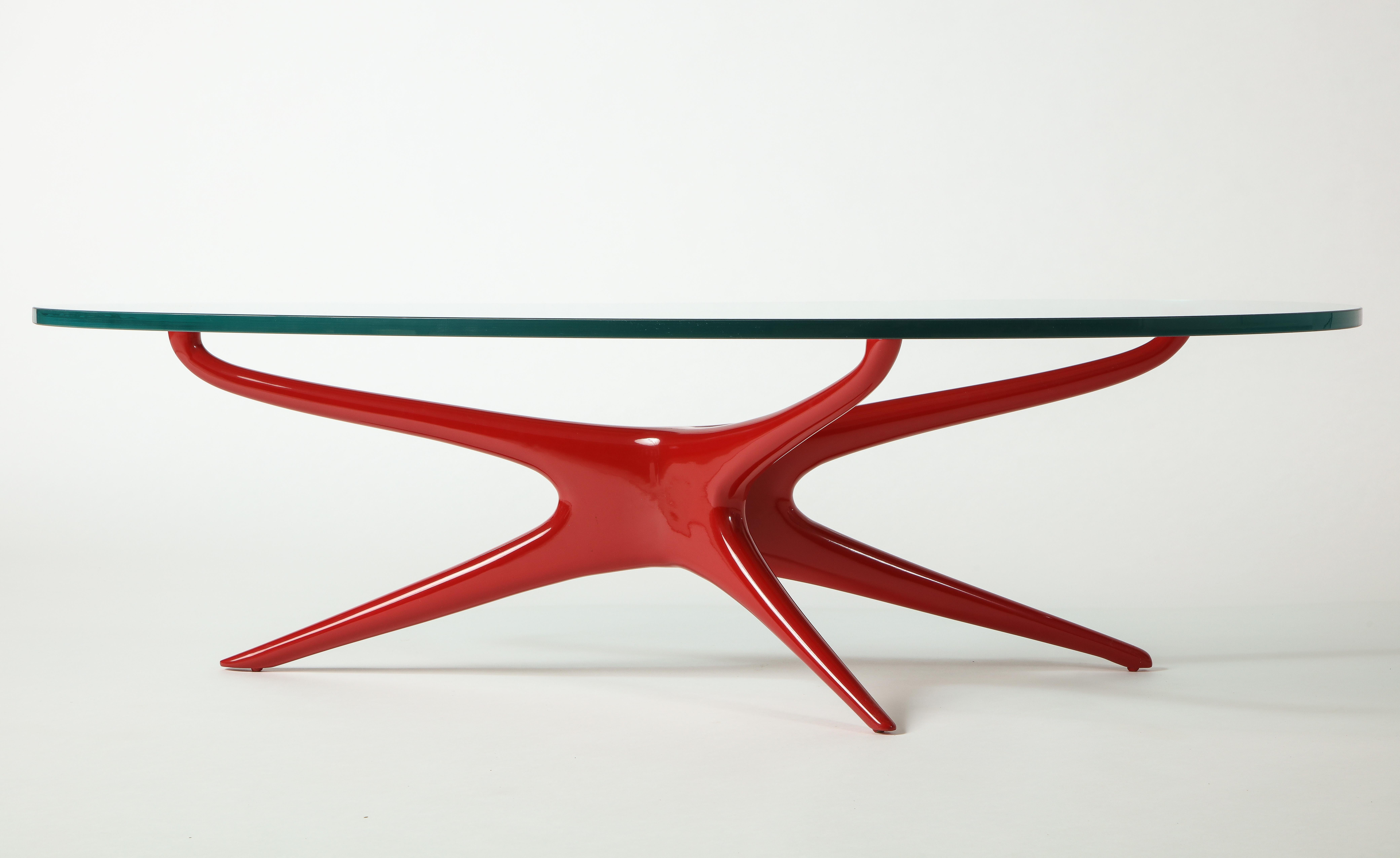 American Vladimir Kagan 412 Sculpted Coffee Table with Clear Glass Top & Red Lacquer Base