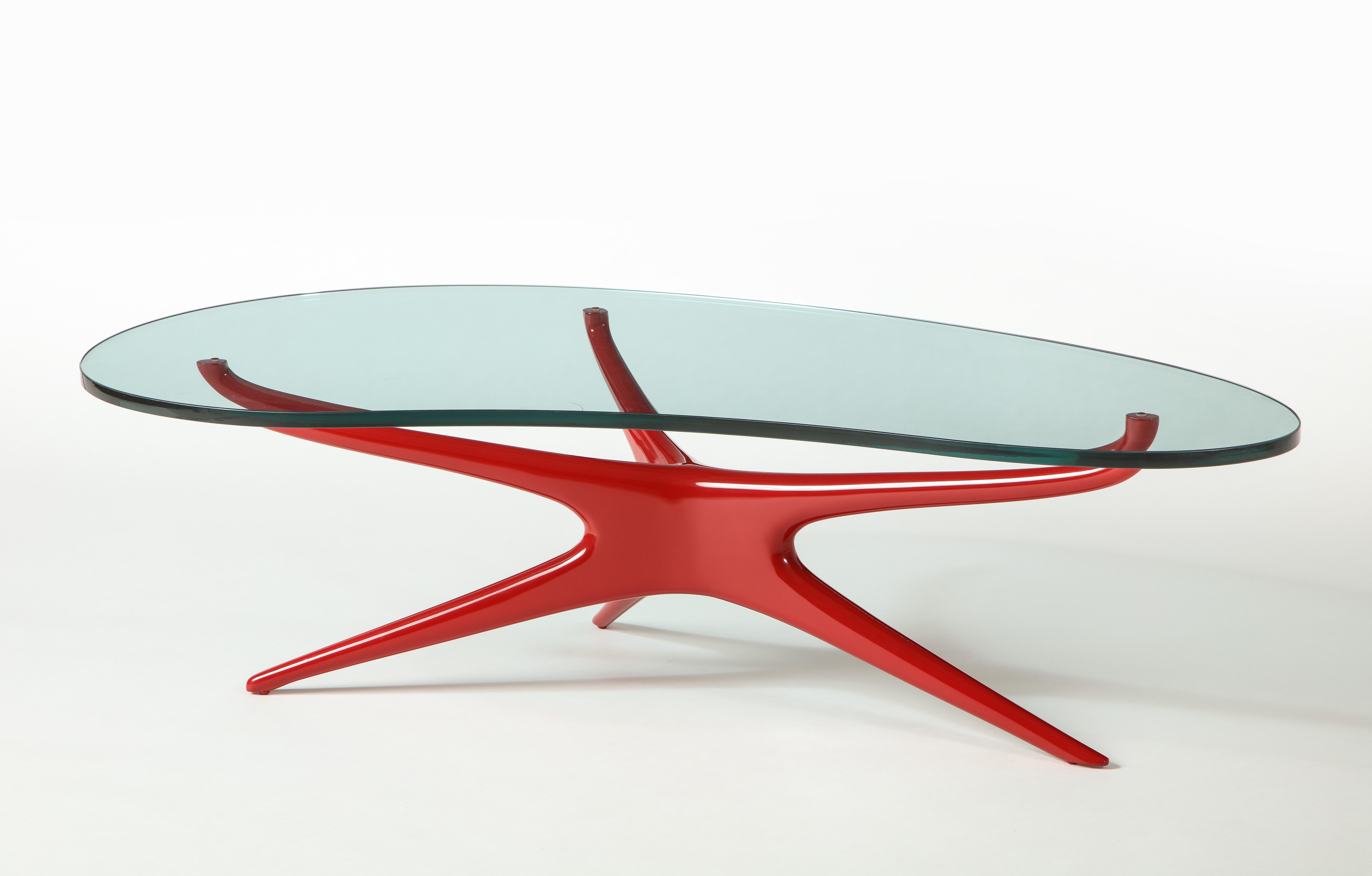 Lacquered Vladimir Kagan 412 Sculpted Coffee Table with Clear Glass Top & Red Lacquer Base