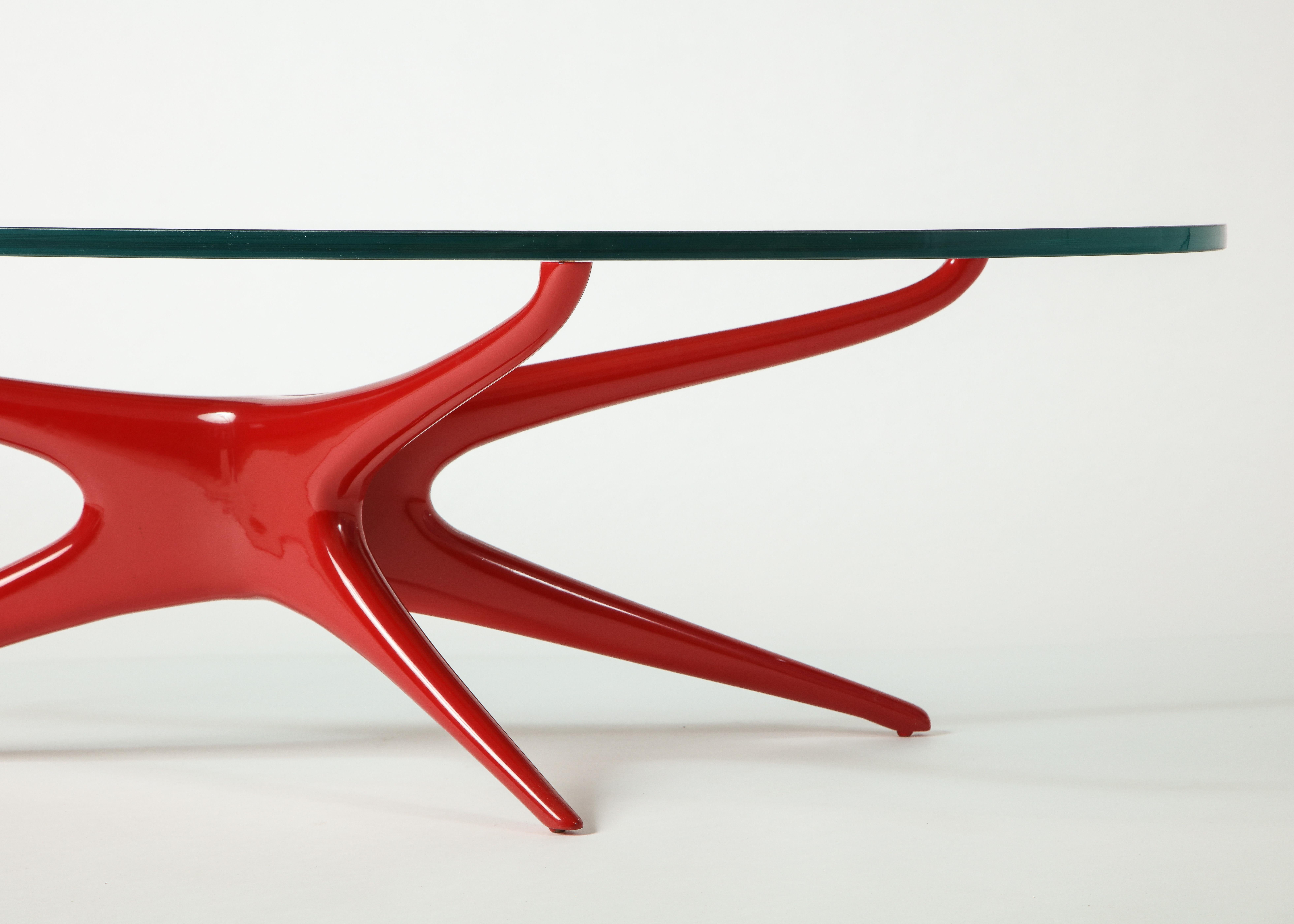Walnut Vladimir Kagan 412 Sculpted Coffee Table with Clear Glass Top & Red Lacquer Base