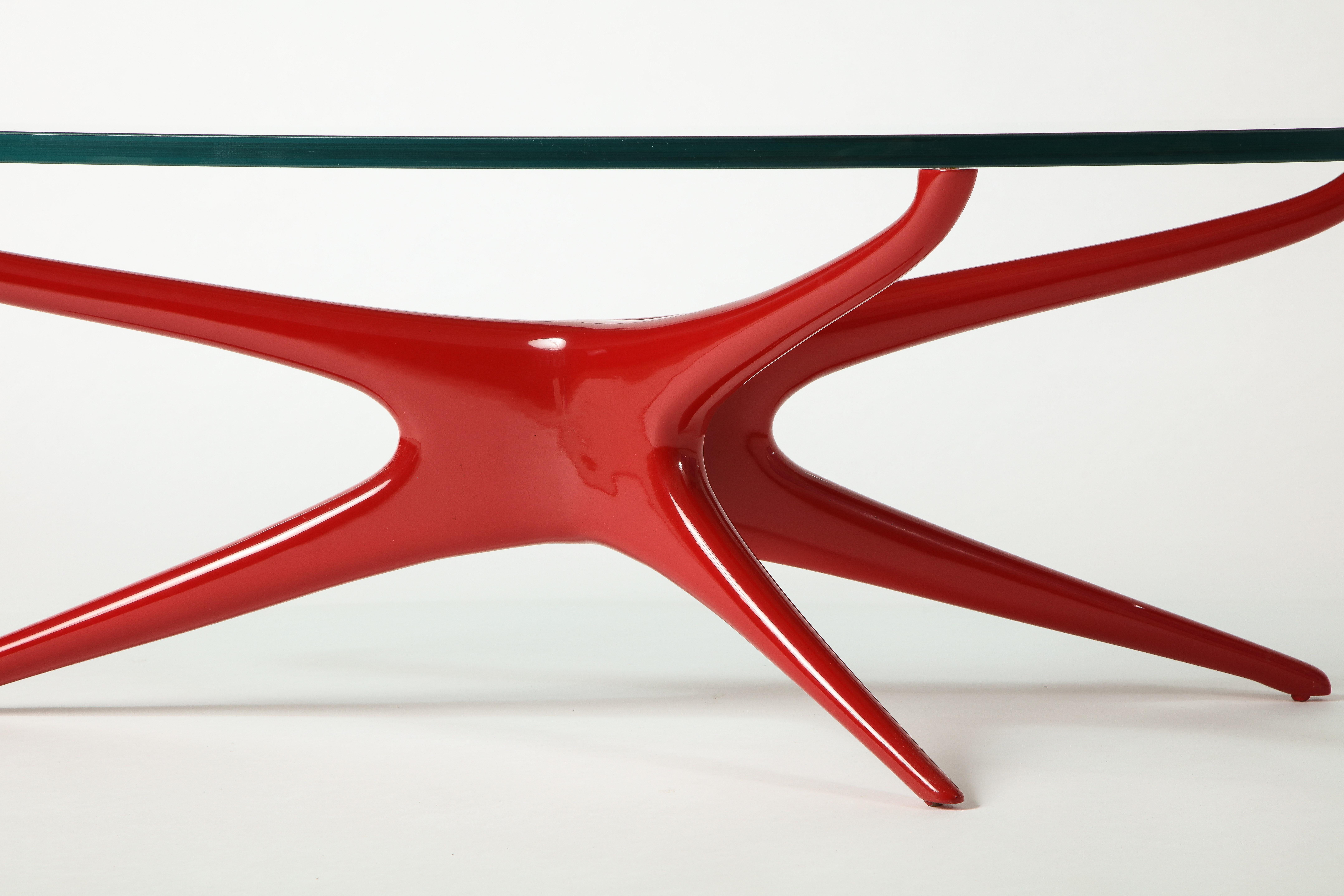 Vladimir Kagan 412 Sculpted Coffee Table with Clear Glass Top & Red Lacquer Base 1