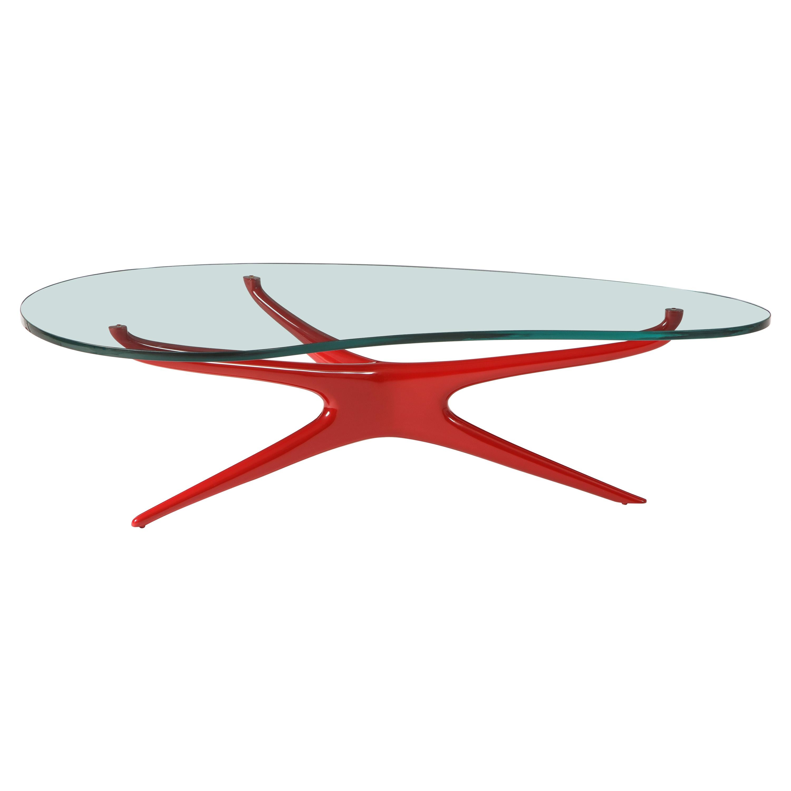 Vladimir Kagan 412 Sculpted Coffee Table with Clear Glass Top & Red Lacquer Base