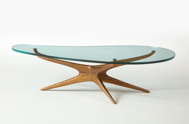 Vladimir Kagan 412 Sculpted Coffee Table with Clear Glass and Natural Walnut Base at 1stDibs