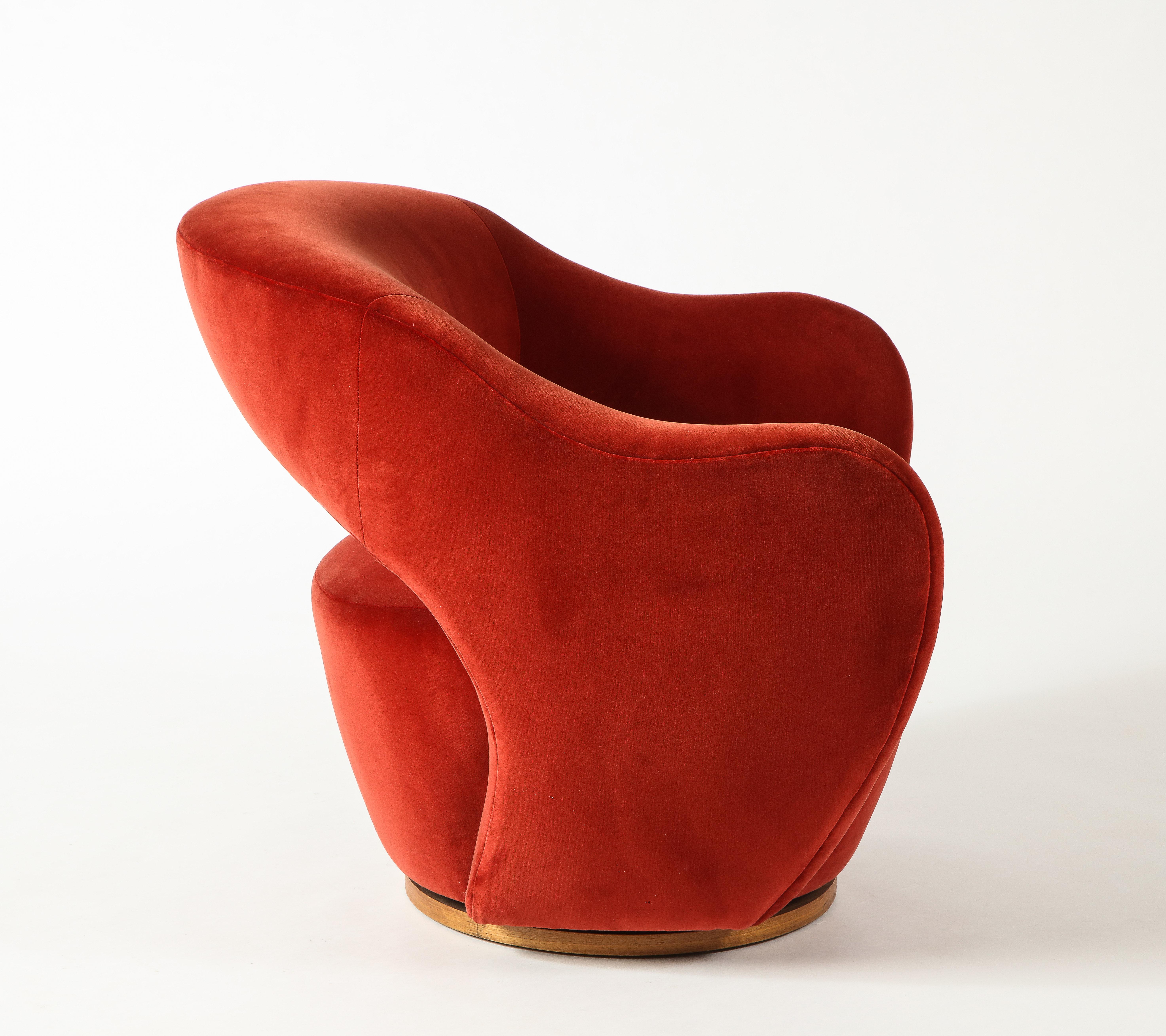 Vladimir Kagan Wysiwyg Chair with Red Upholstery & Natural Walnut Swivel Base 4