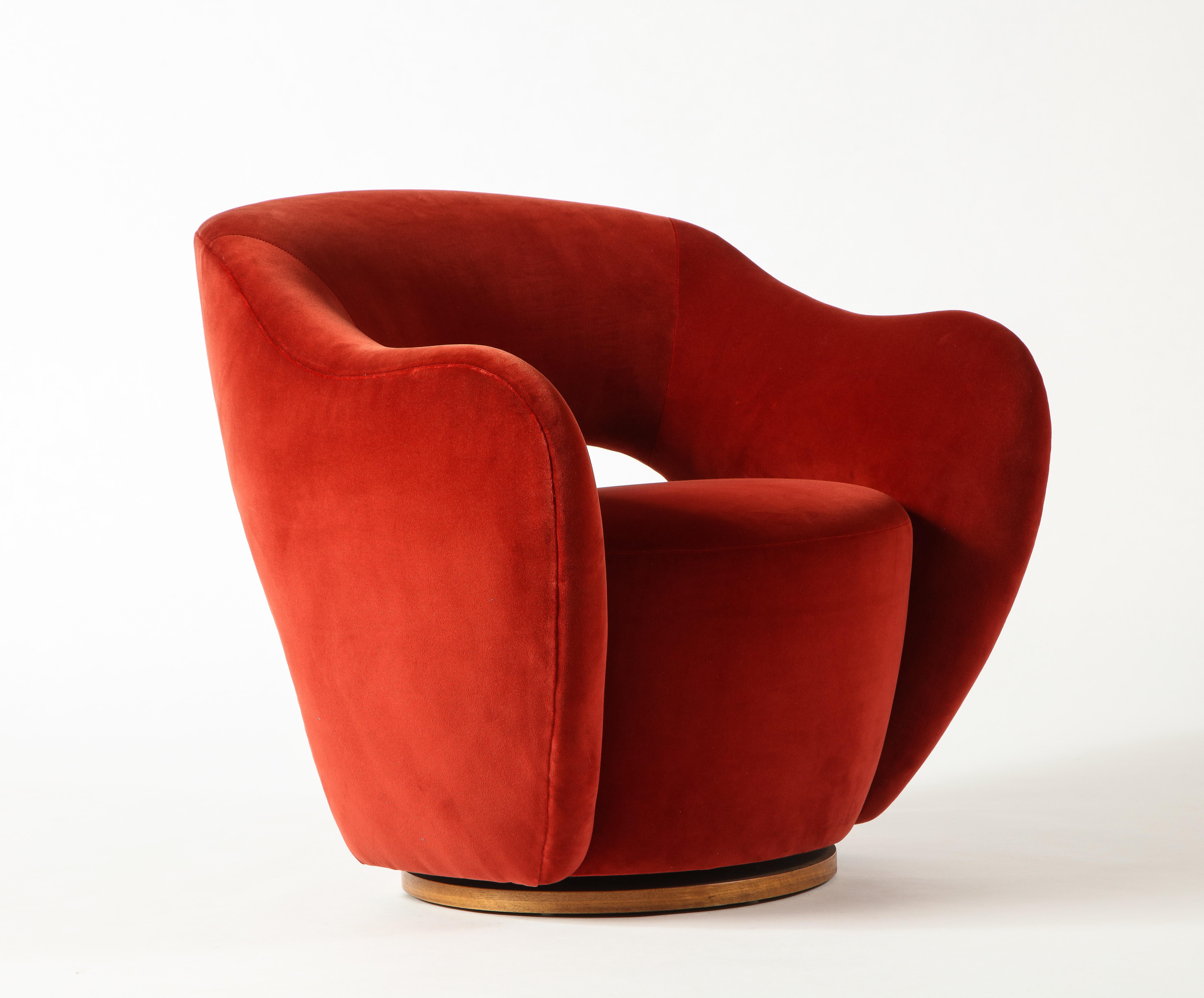 Vladimir Kagan Wysiwyg Chair with Red Upholstery & Natural Walnut Swivel Base 6