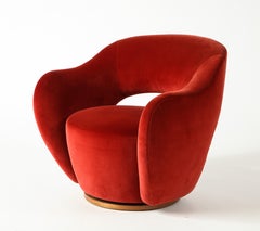 Vladimir Kagan Wysiwyg Chair with Red Upholstery & Natural Walnut Swivel Base