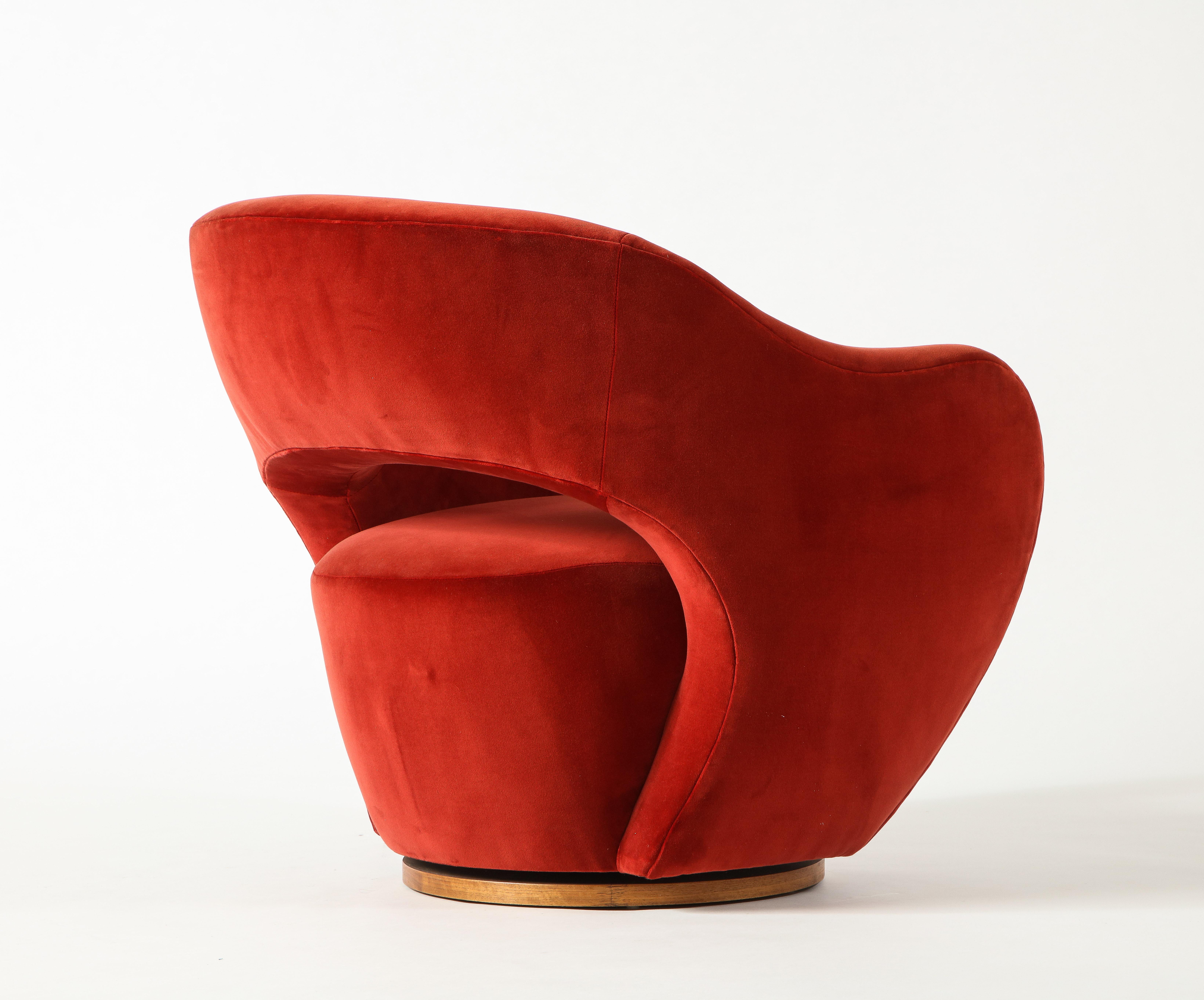 Modern Vladimir Kagan Wysiwyg Chair with Red Upholstery & Natural Walnut Swivel Base