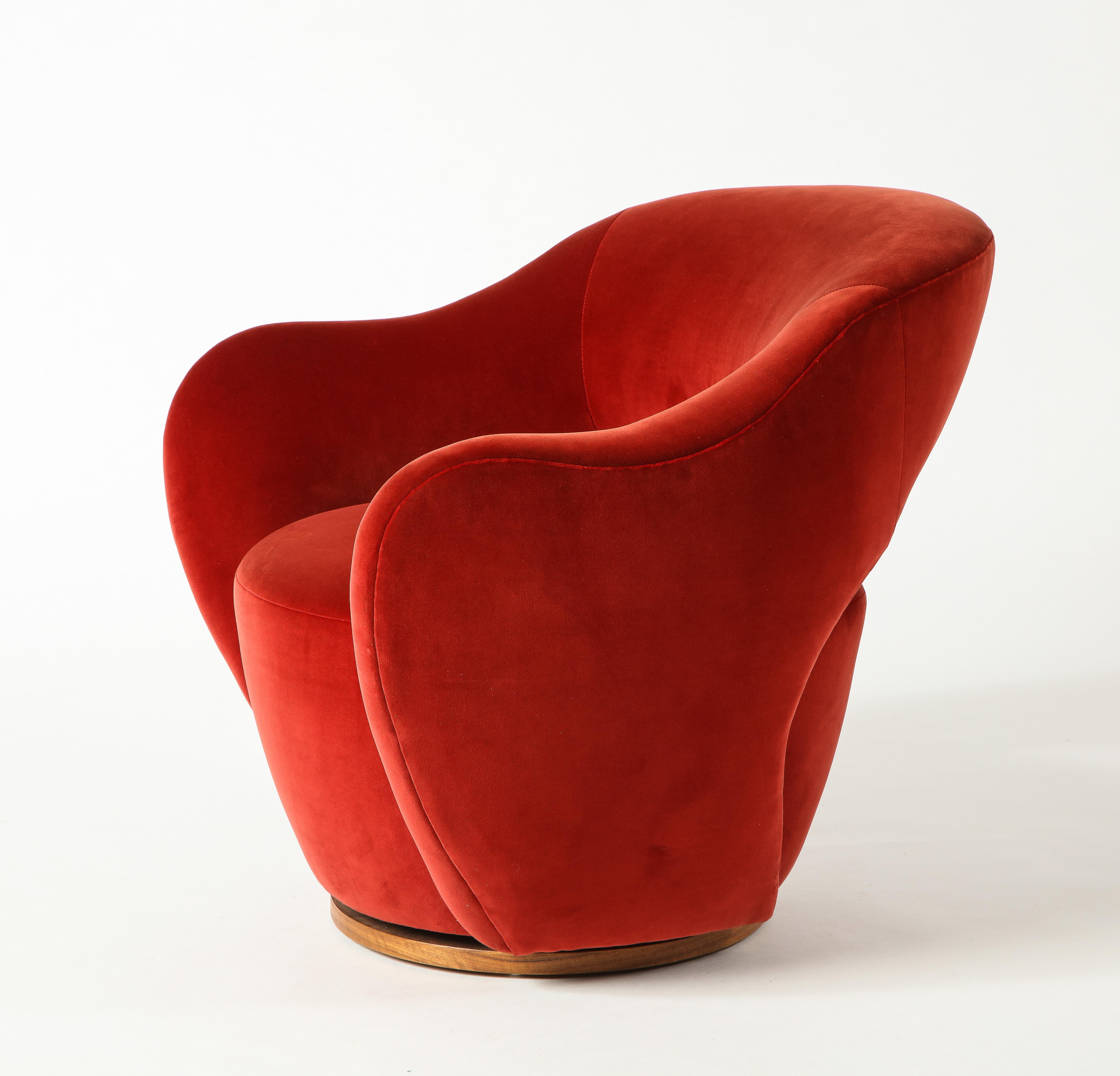 American Vladimir Kagan Wysiwyg Chair with Red Upholstery & Natural Walnut Swivel Base