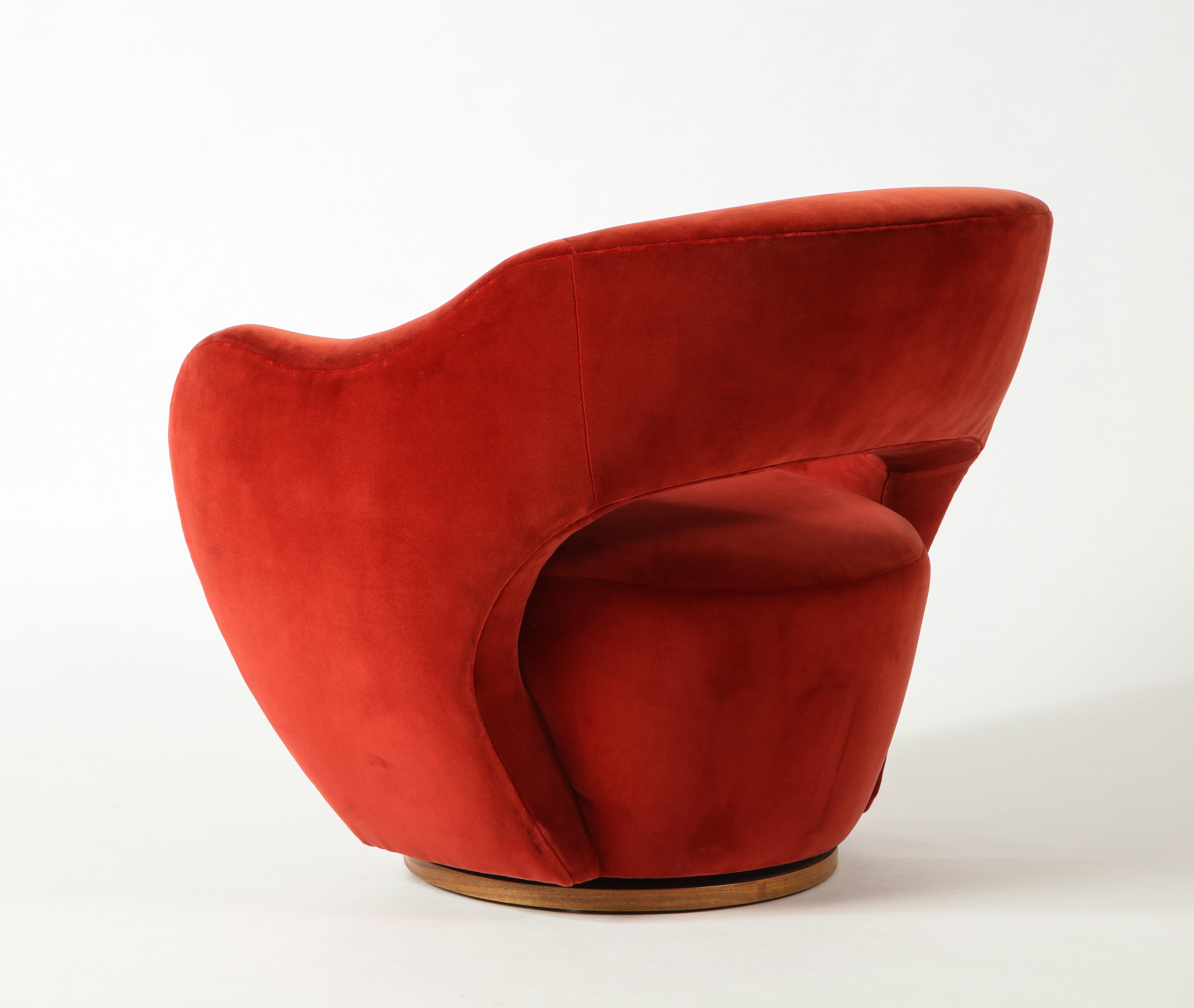 Contemporary Vladimir Kagan Wysiwyg Chair with Red Upholstery & Natural Walnut Swivel Base