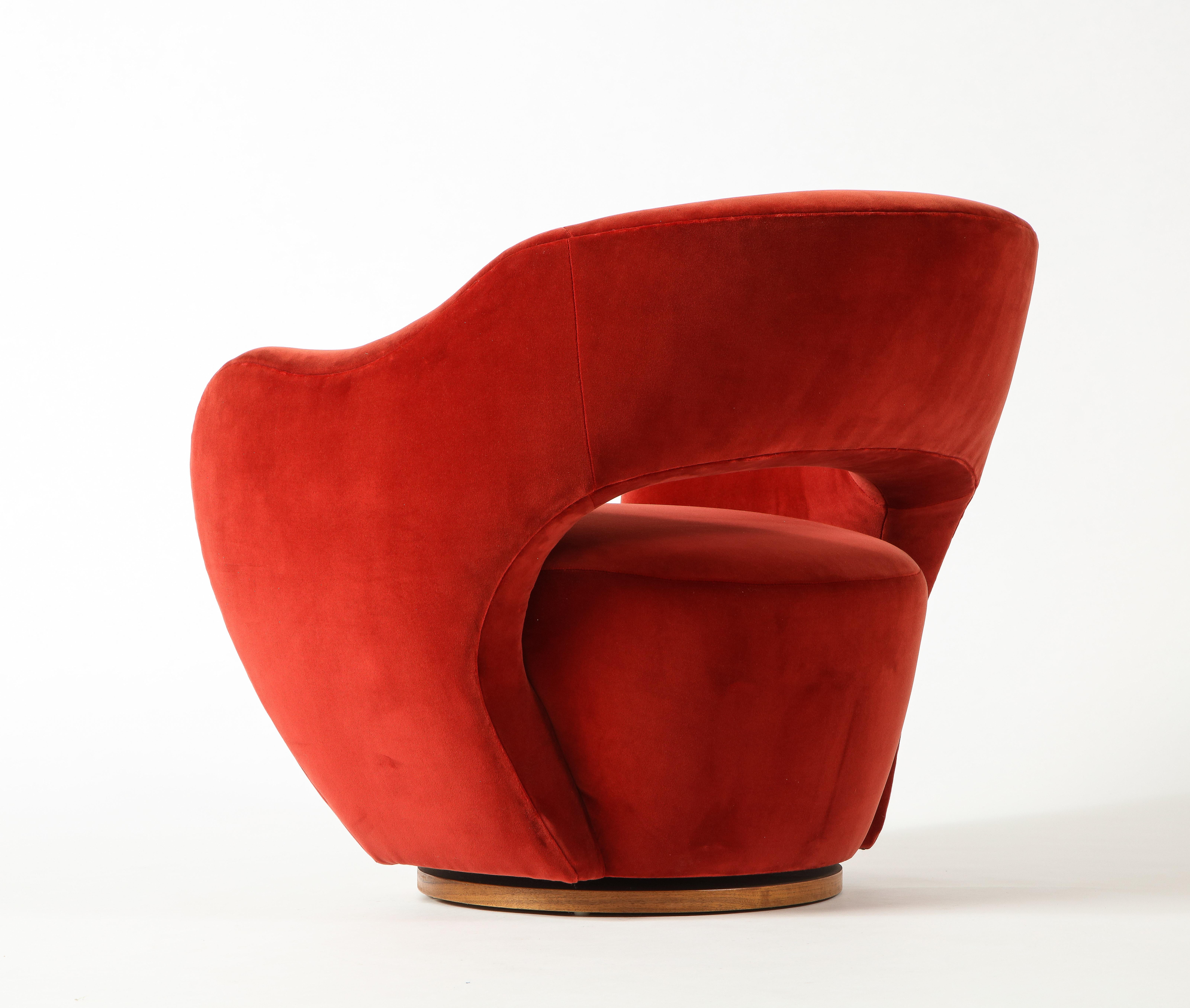 Vladimir Kagan Wysiwyg Chair with Red Upholstery & Natural Walnut Swivel Base 1