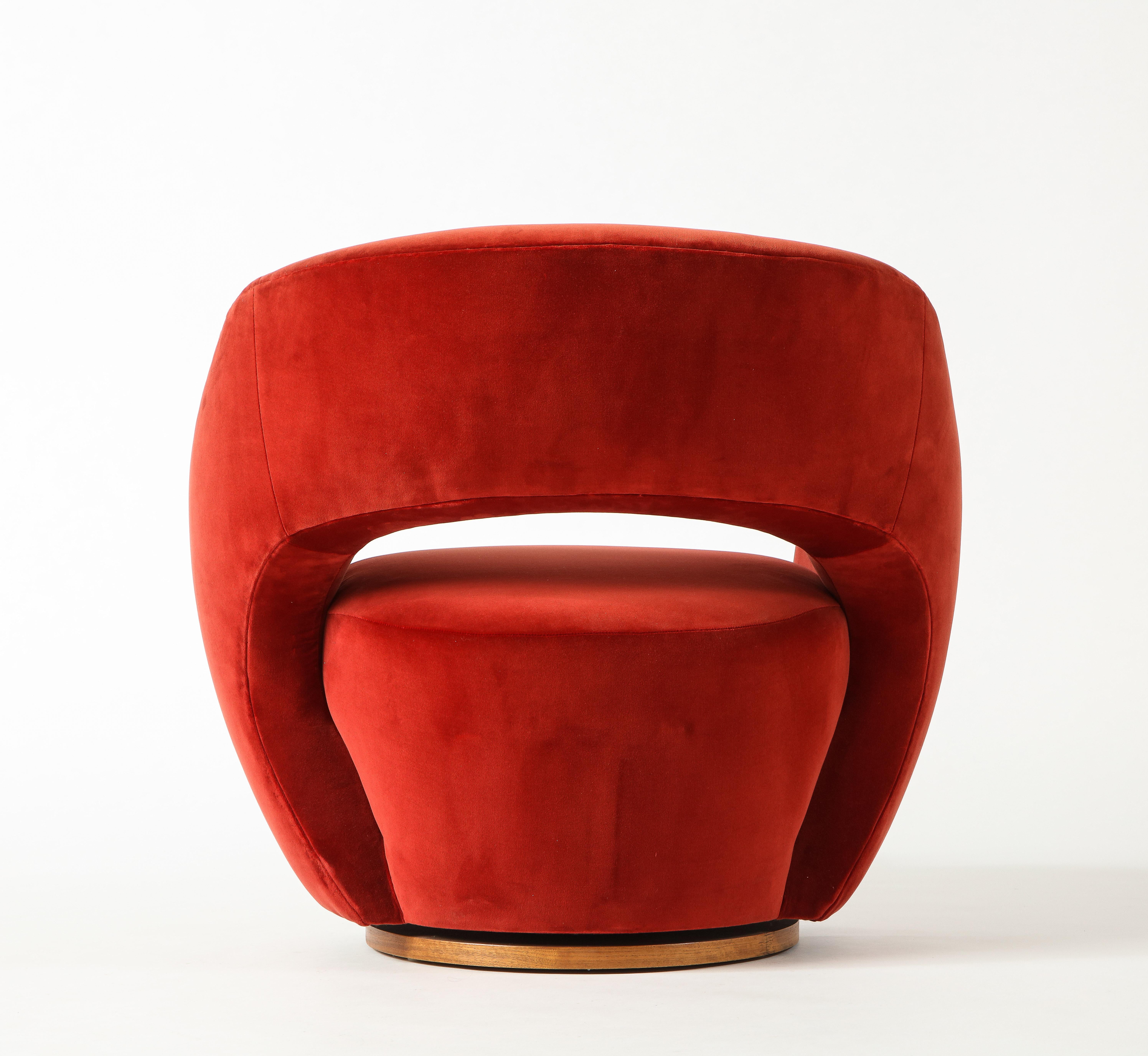 Vladimir Kagan Wysiwyg Chair with Red Upholstery & Natural Walnut Swivel Base 2