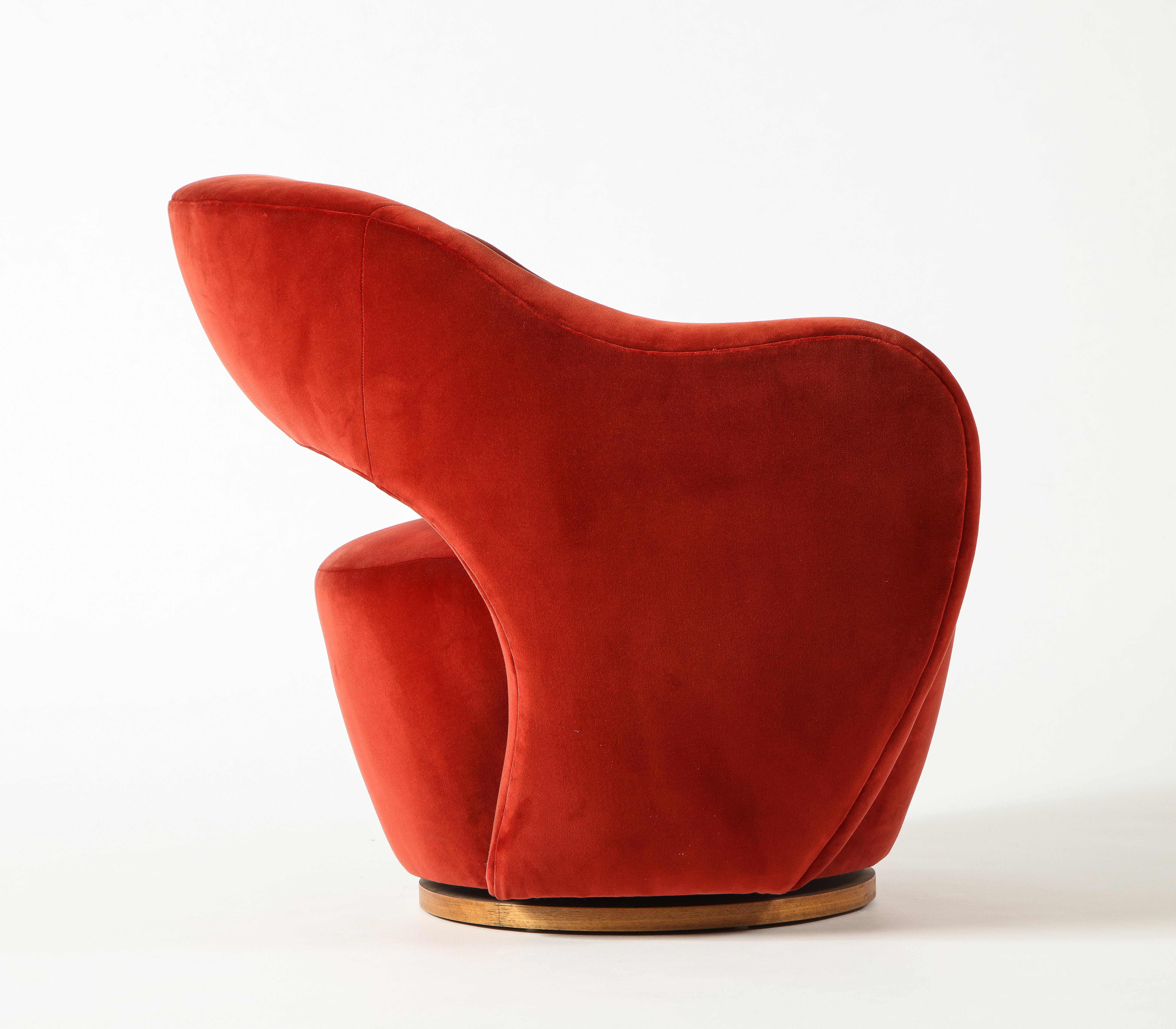 Vladimir Kagan Wysiwyg Chair with Red Upholstery & Natural Walnut Swivel Base 3