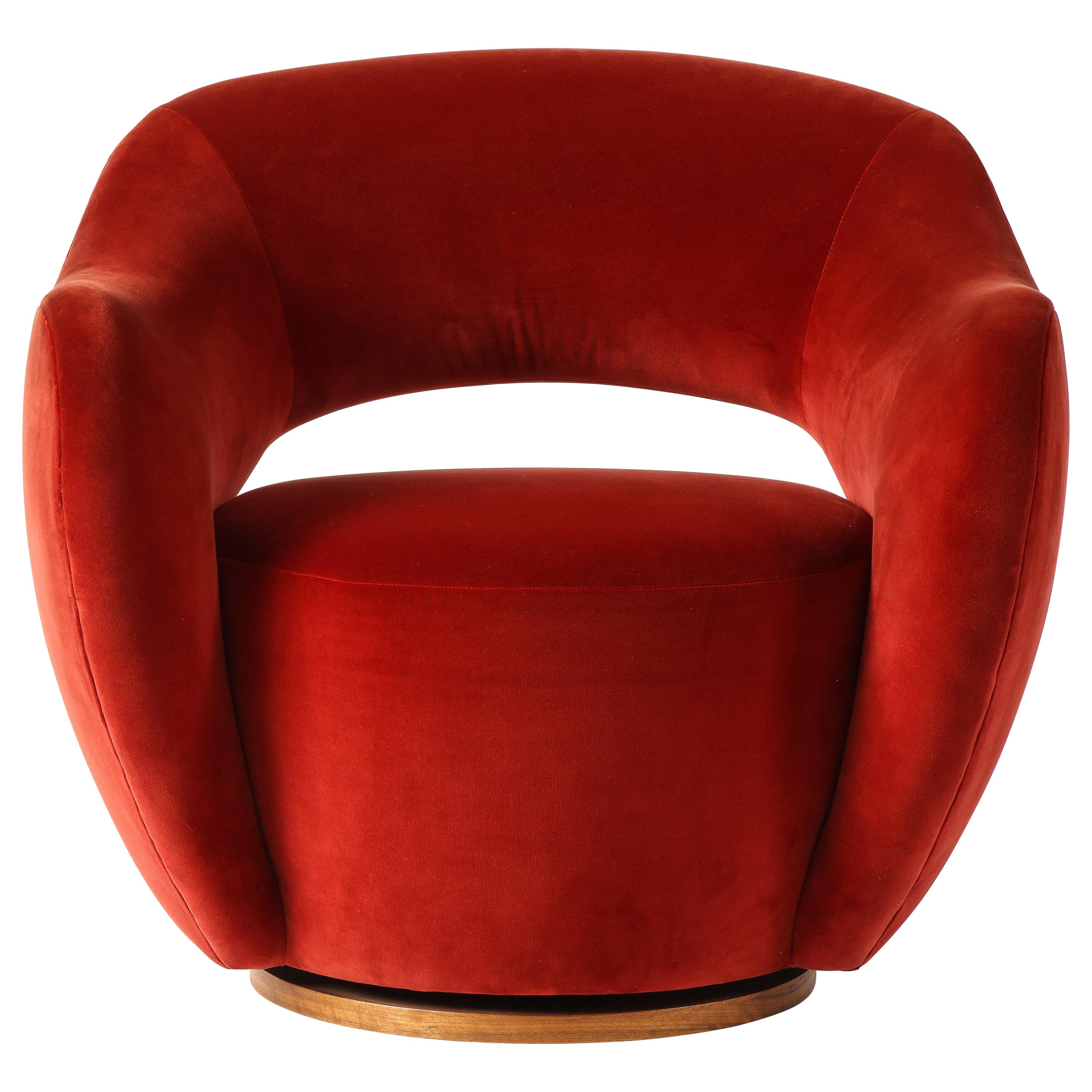 Vladimir Kagan Wysiwyg Chair with Red Upholstery & Natural Walnut Swivel Base