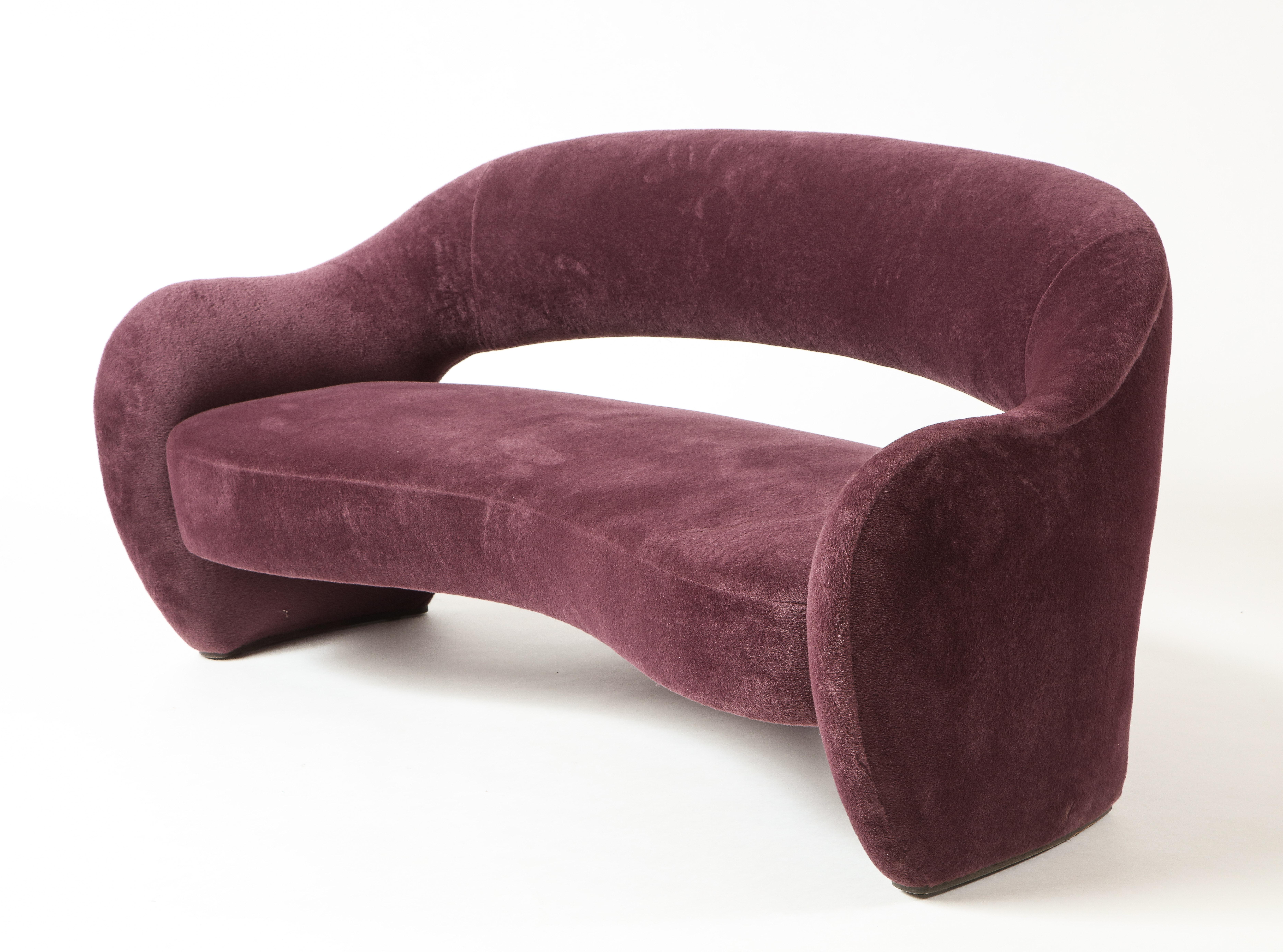 Vladamir Kagan Wysiwyg love seat with purple upholstery & walnut ebony base

Additional information:
Materials: Walnut, upholstery 
Finish: Ebony
Dimension: 71 W x 44 D x 35 H inch
Seat height: 17.5 inch