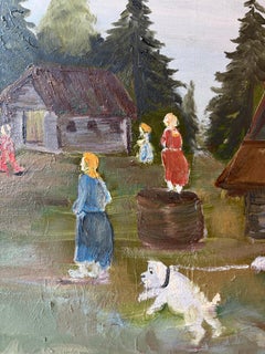 Vintage Oil on Canvas Artwork, Signed 20th Century, Naive Village scene. Framed