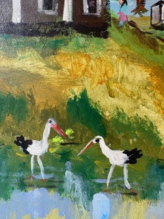 Oil Painting on Canvas, Figurative Naive Village Scene, from Artist Estate