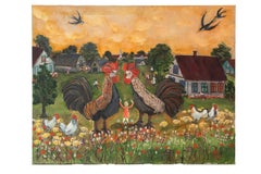 Vladas Jonas Sceponenas - Oil on Canvas Painting by Naive Artist - Roosters Fighters Oil on Canvas Painting by Naive Artist - Roosters Fighters
