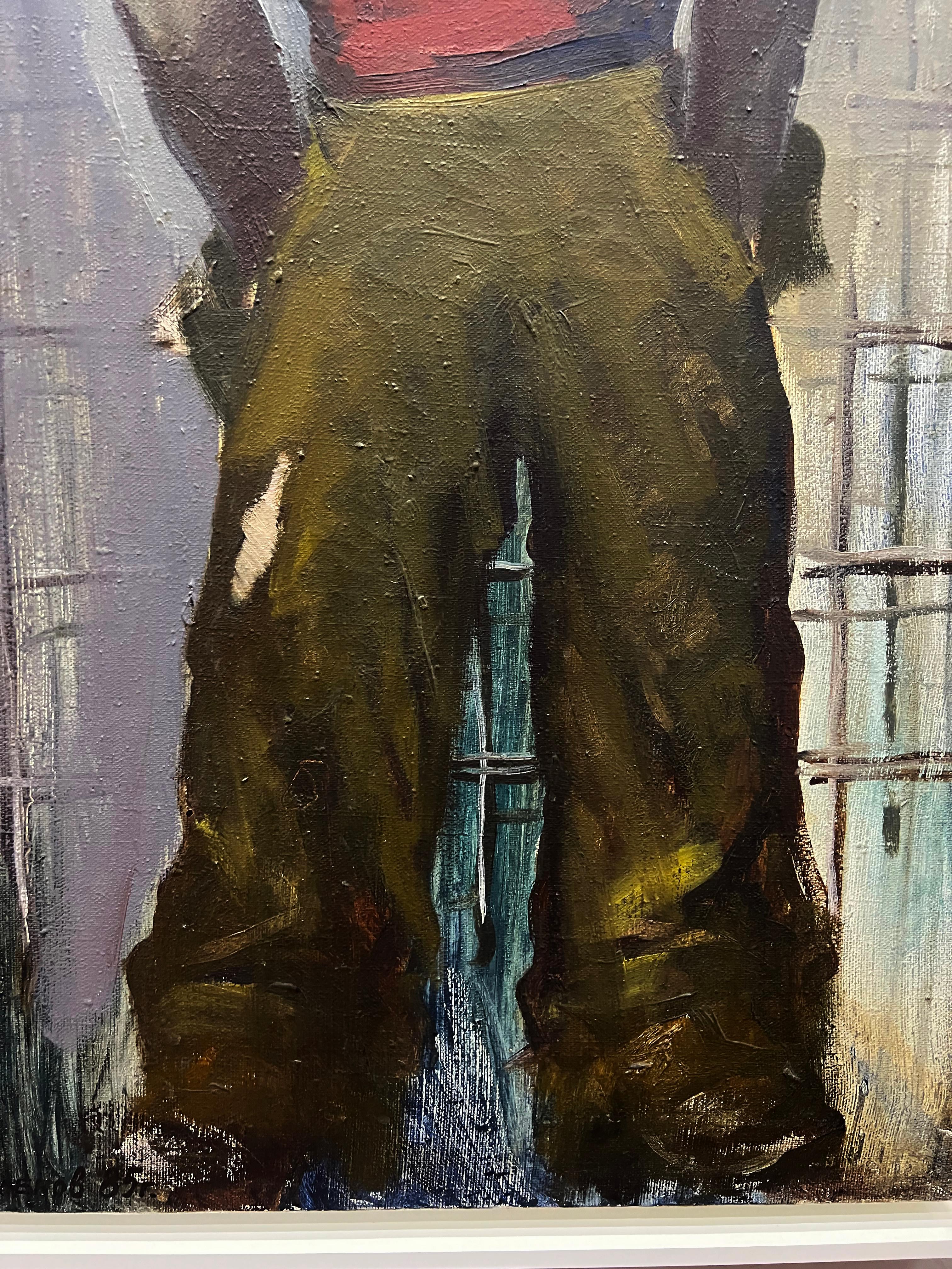 Russian Vladimir Aksyonov USSR 1985 Soviet Era Painting of a Welder  For Sale