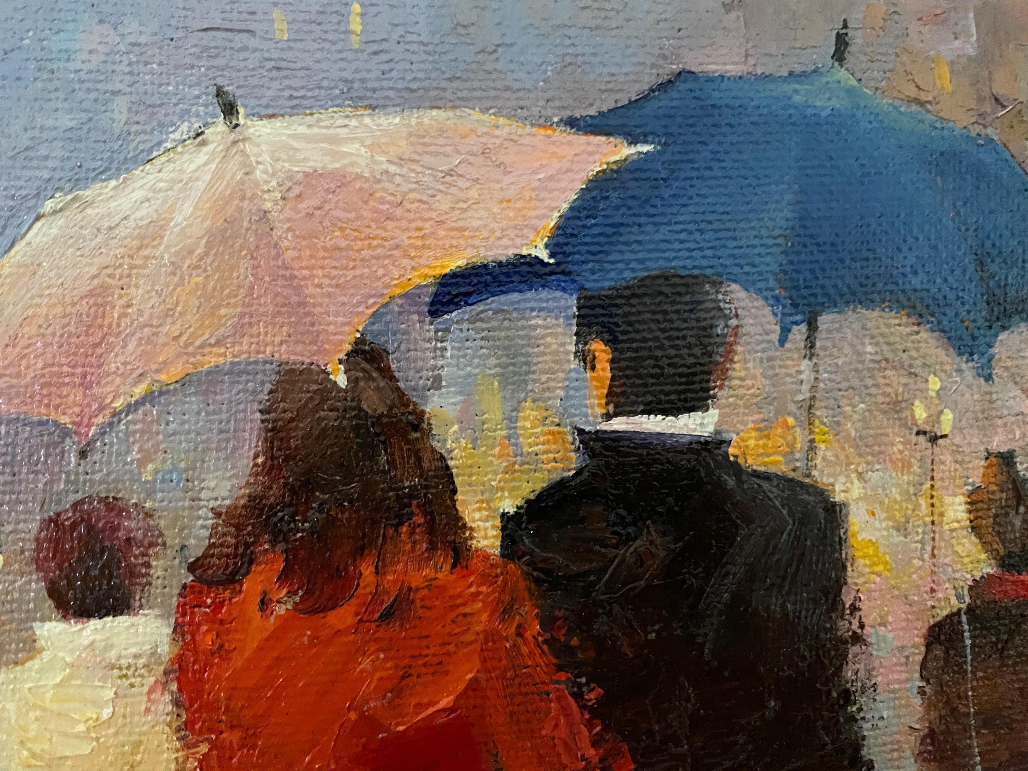 Rainy day. Oil on canvas. Impressionistic colorful street scene. For Sale 4
