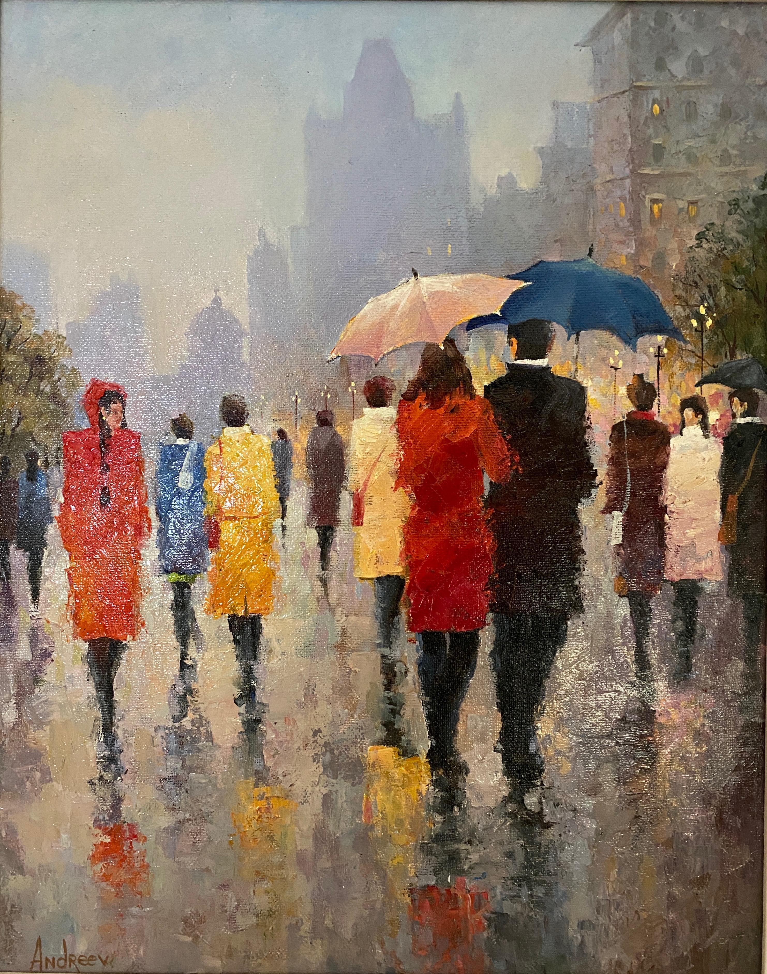 Rainy day. Oil on canvas. Impressionistic colorful street scene. For Sale 6
