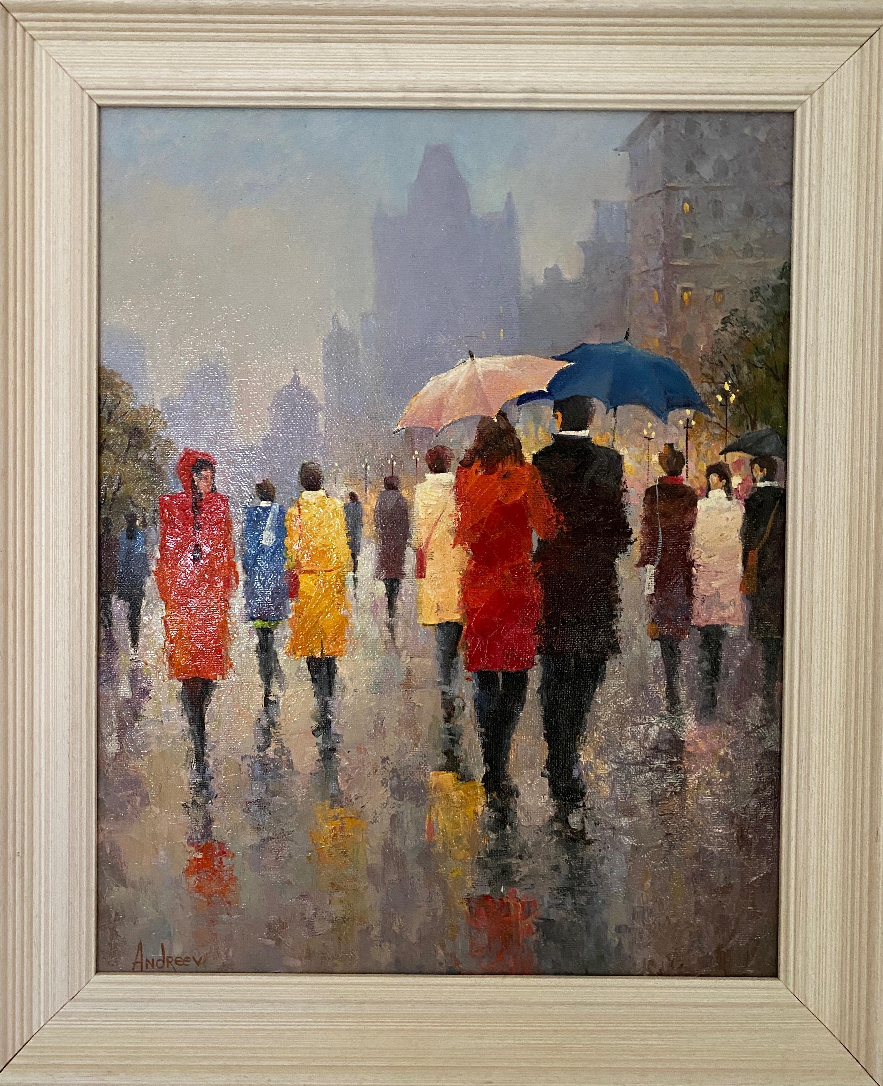 Rainy day. Oil on canvas. Impressionistic colorful street scene. For Sale 7
