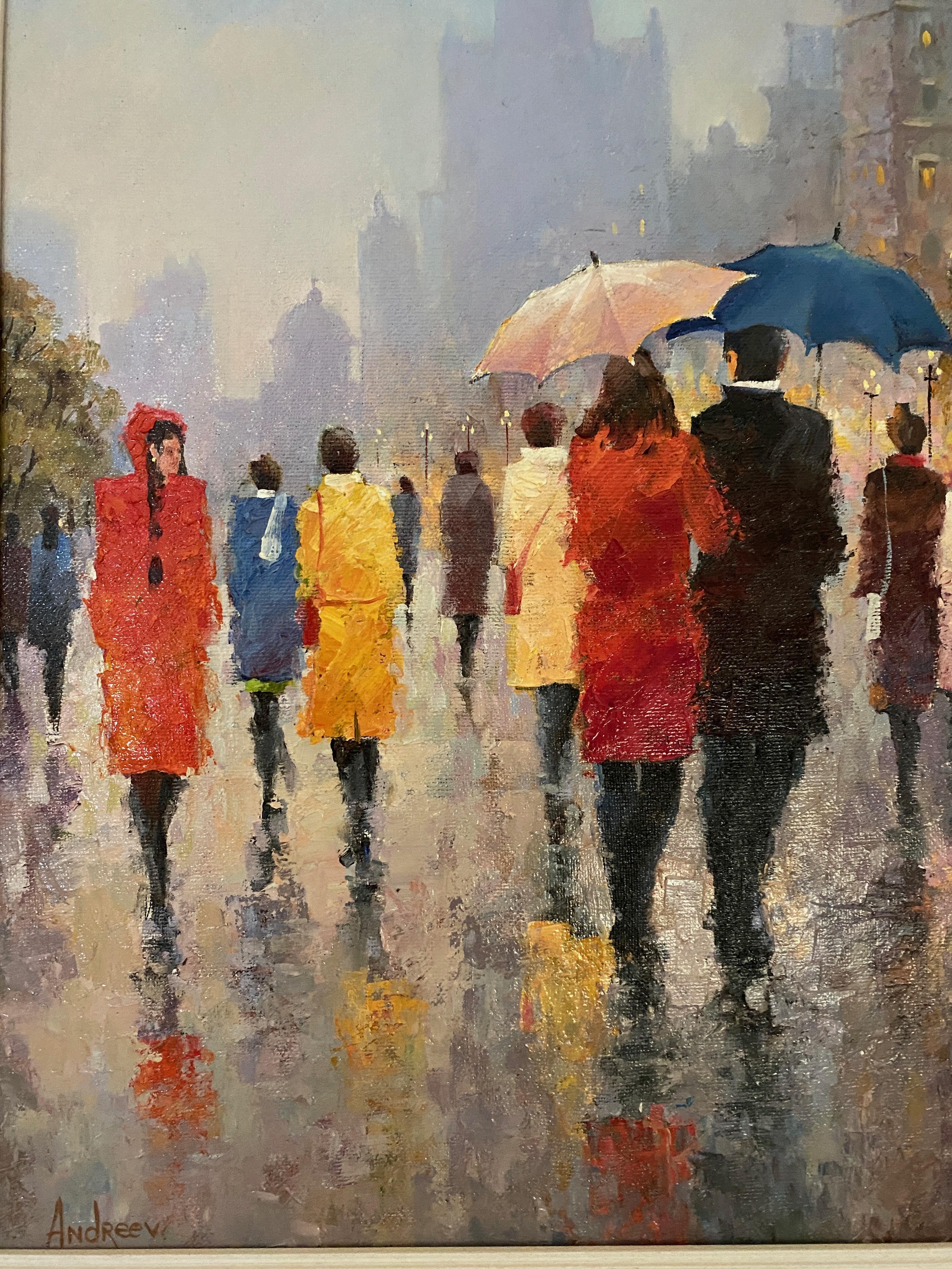 Rainy day. Oil on canvas. Impressionistic colorful street scene. - Painting by Vladimir Andreev