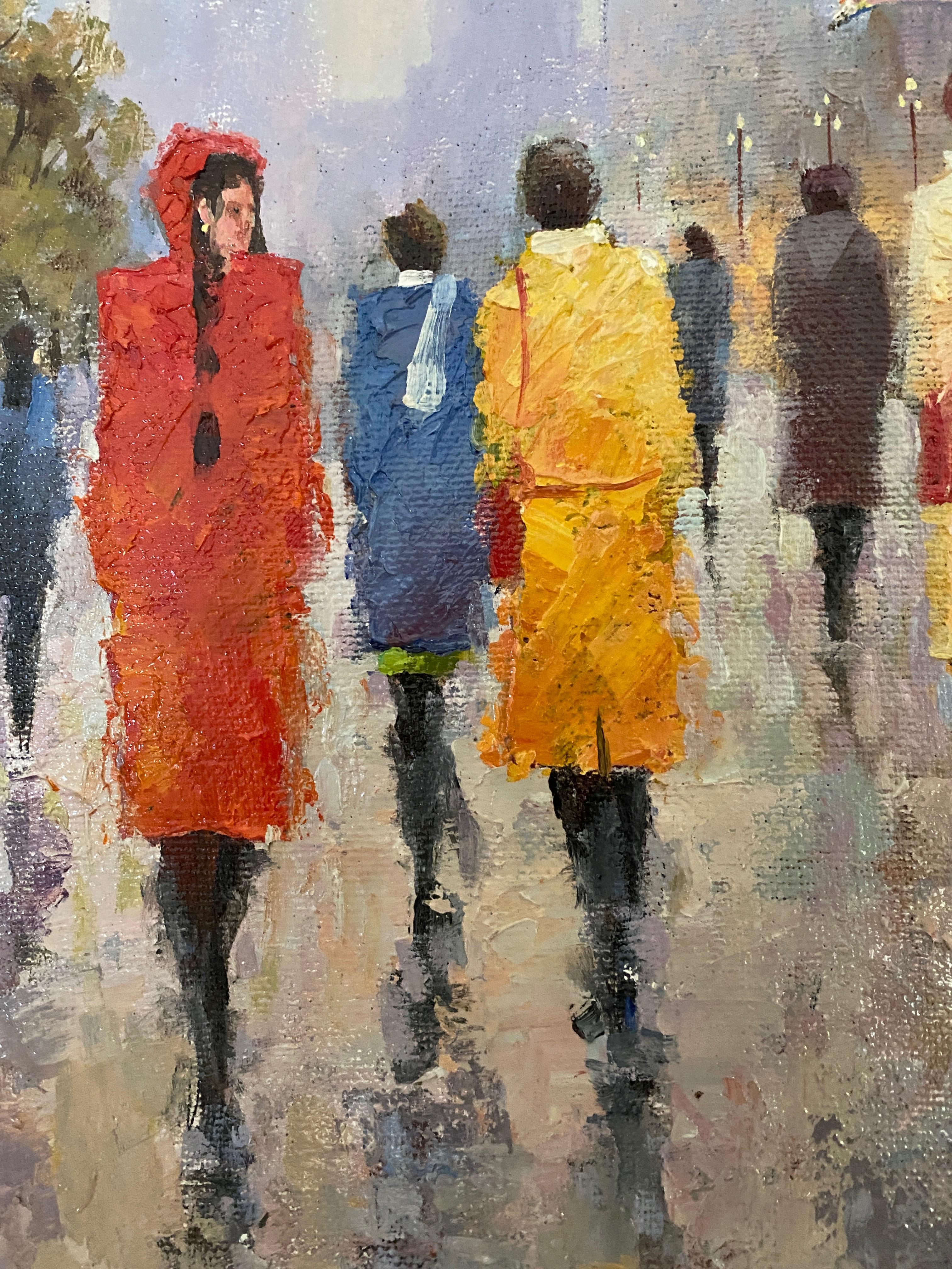 Rainy day. Oil on canvas by Vladimir Andreev. Impressionistic street scene.
Dimension art: 50 x 40 cm. Framed: 59 x 49 x 3,5 cm
In inches:  19.70 x 15.75   in. Framed:  23.23 x 19.3 0 x 1.38 in.
Signed 
