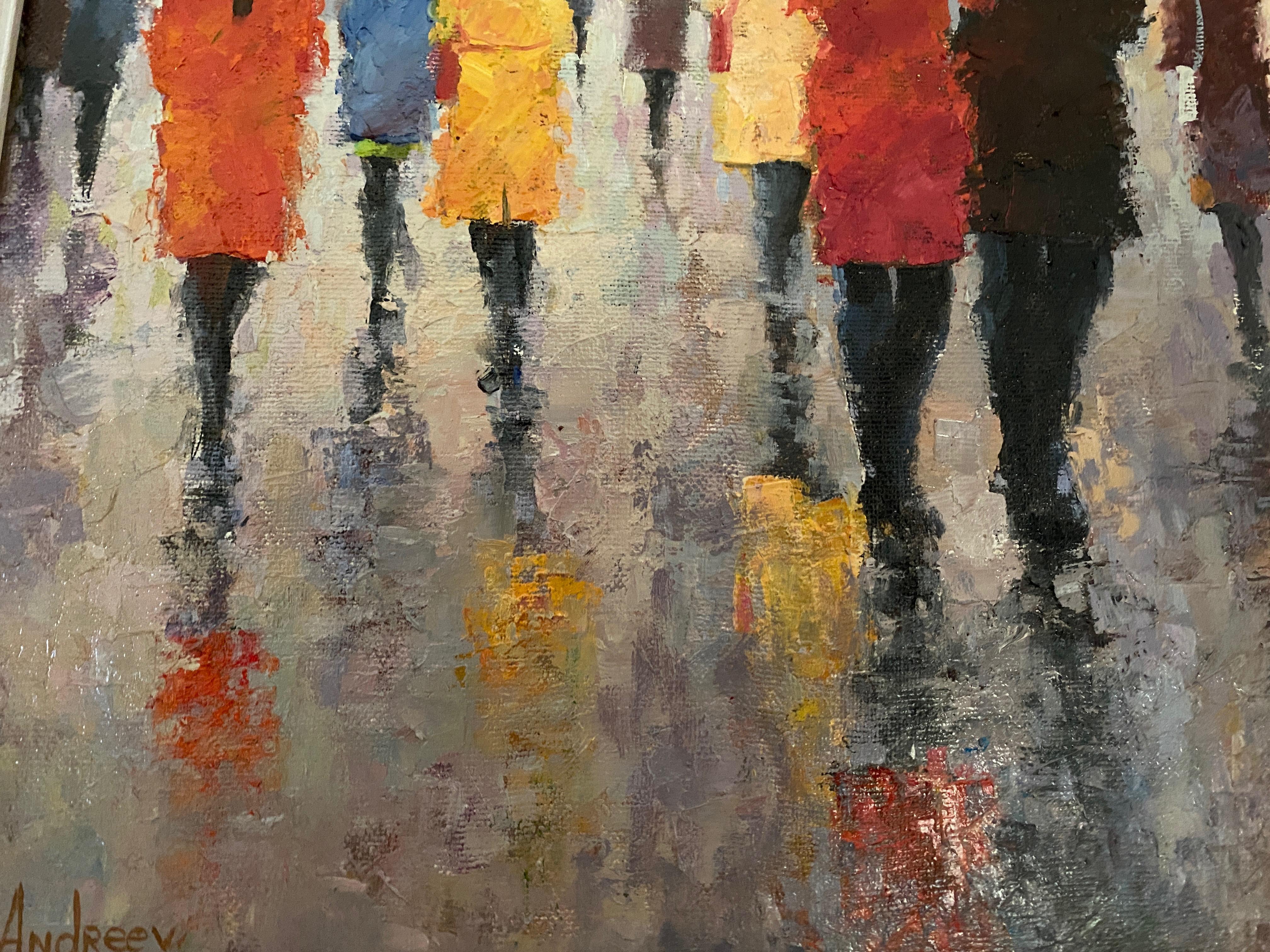 Rainy day. Oil on canvas. Impressionistic colorful street scene. For Sale 1
