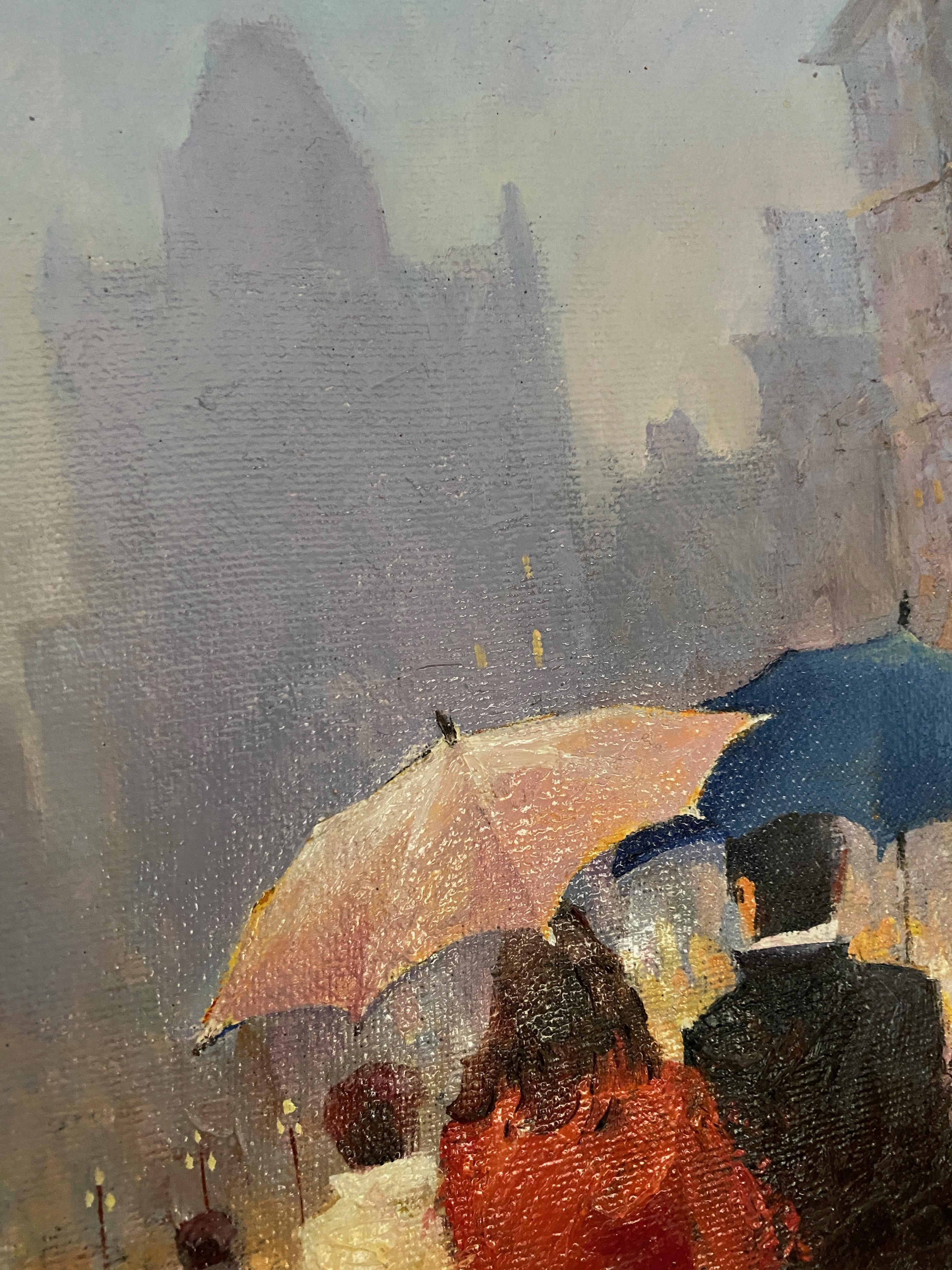 Rainy day. Oil on canvas. Impressionistic colorful street scene. 2
