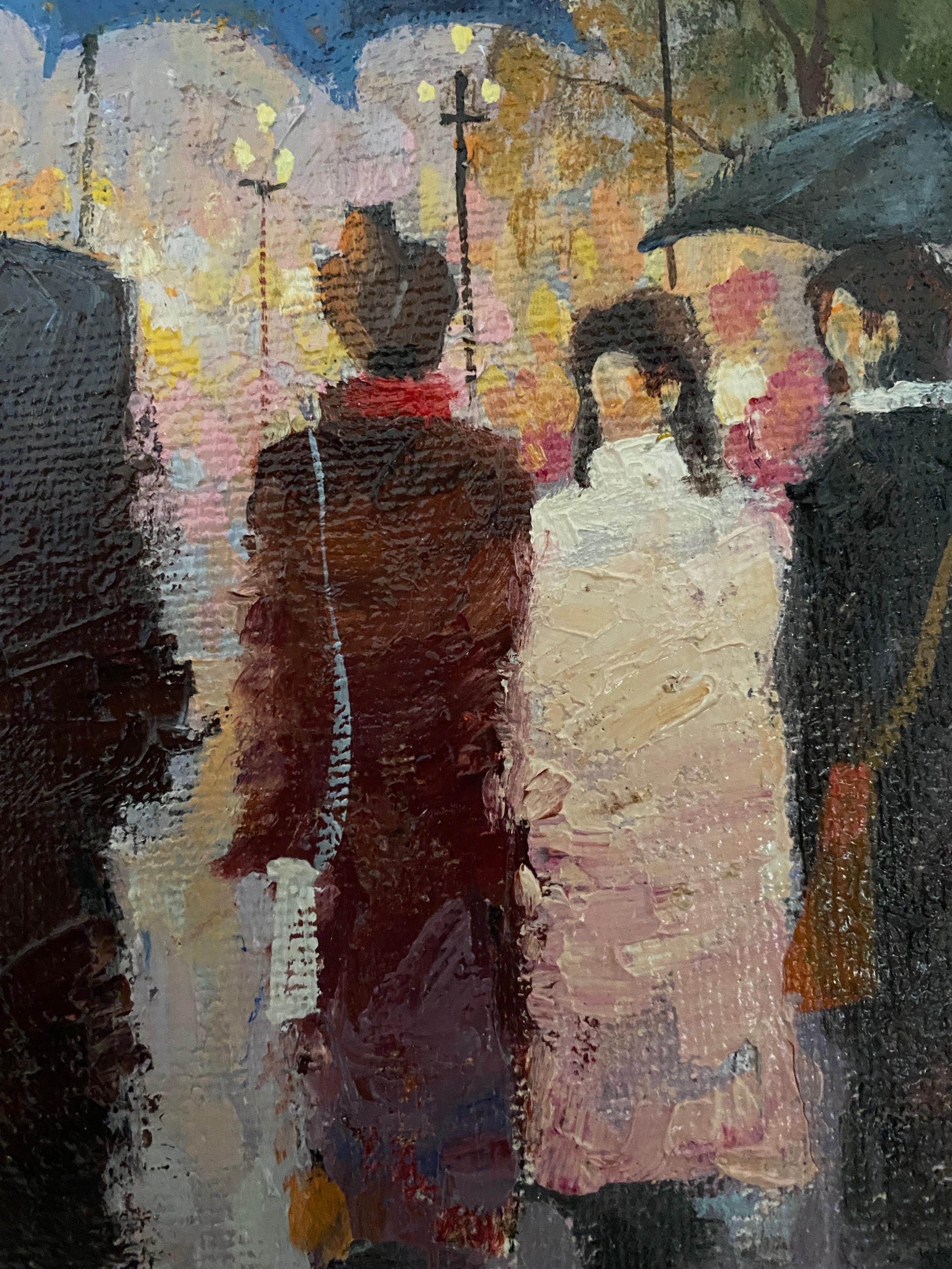 Rainy day. Oil on canvas. Impressionistic colorful street scene. For Sale 3