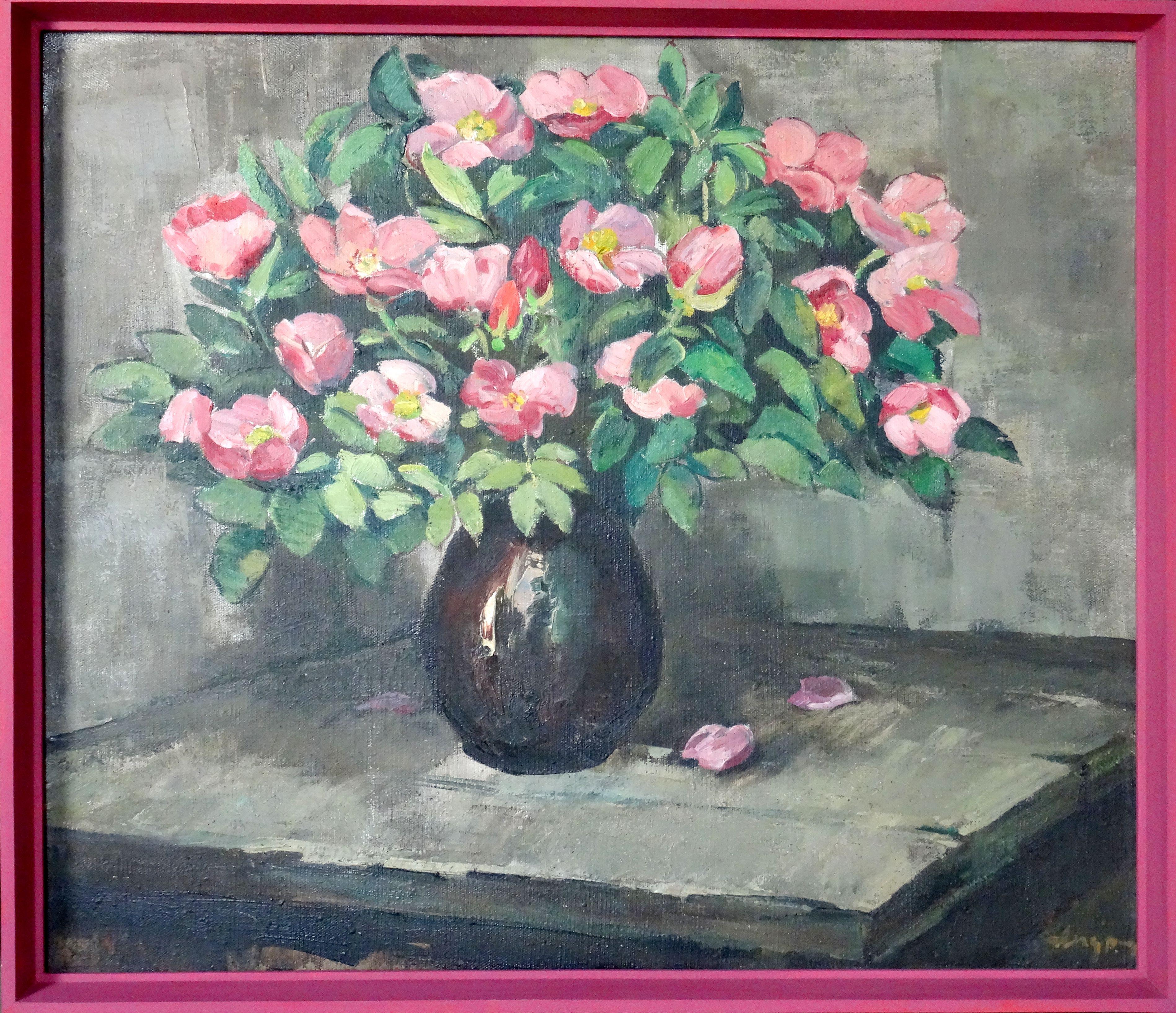 Pink peonies in vase. 1983, canvas, oil, 60x70 cm - Painting by Vladimir Andrijenko