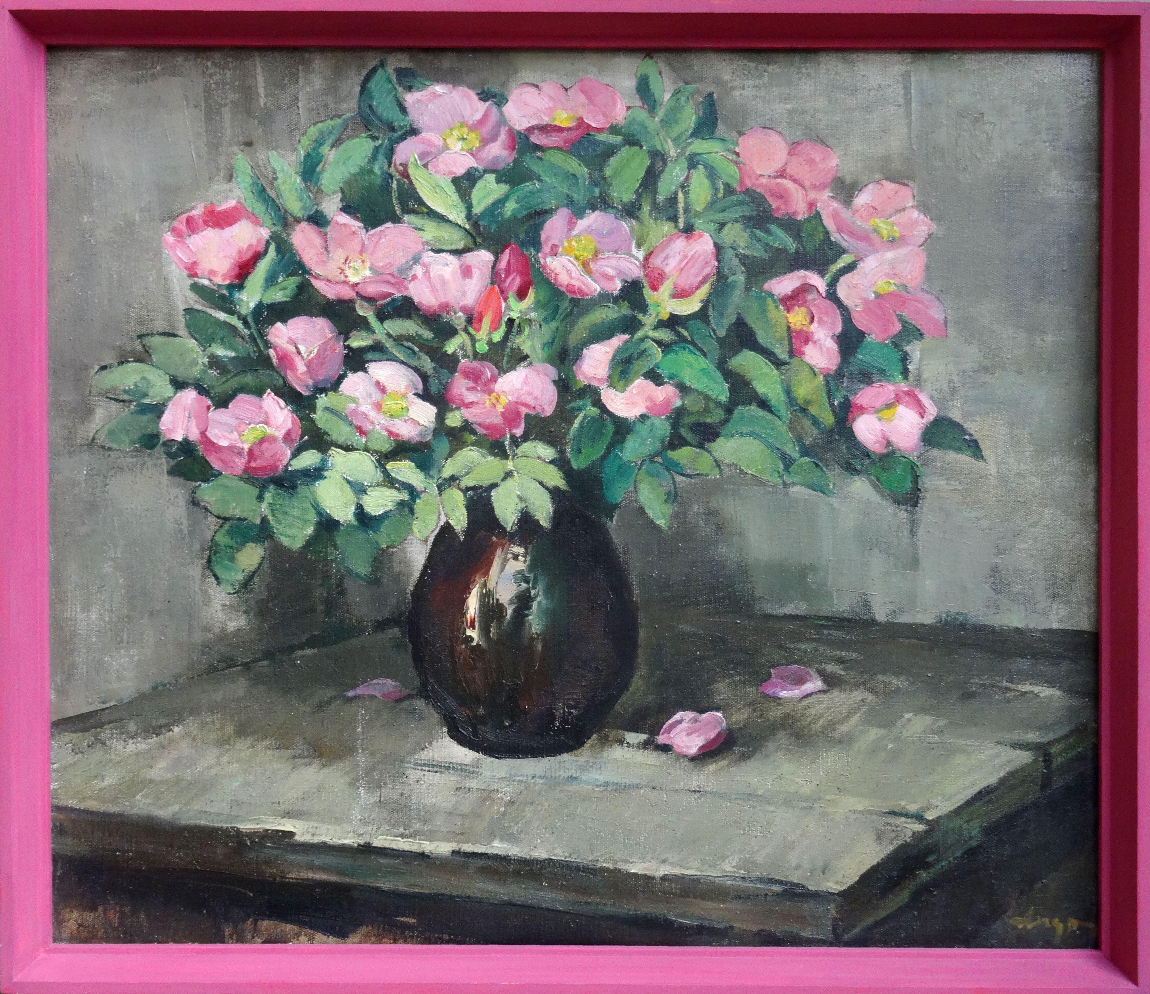 Pink peonies in vase. 1983, canvas, oil, 60x70 cm - Realist Painting by Vladimir Andrijenko