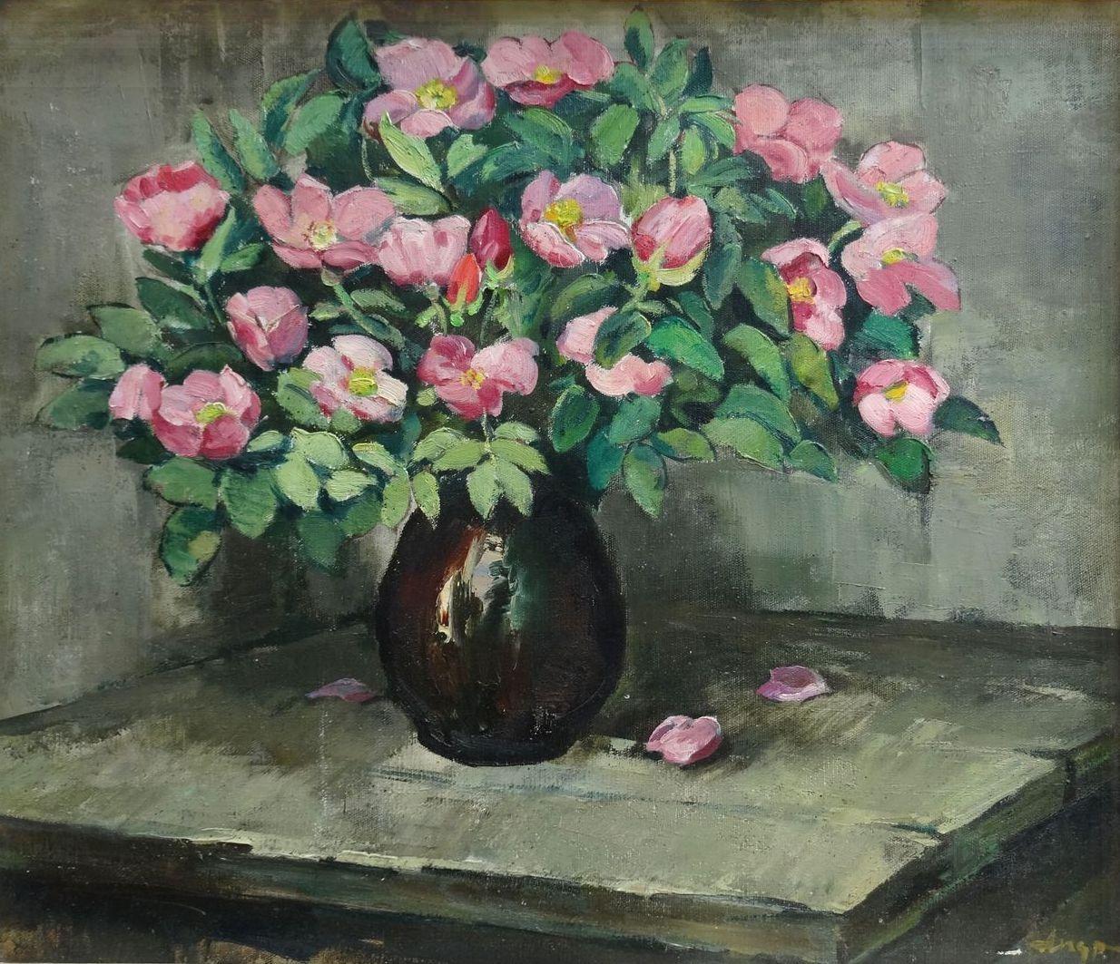 Vladimir Andrijenko Still-Life Painting - Pink peonies in vase. 1983, canvas, oil, 60x70 cm