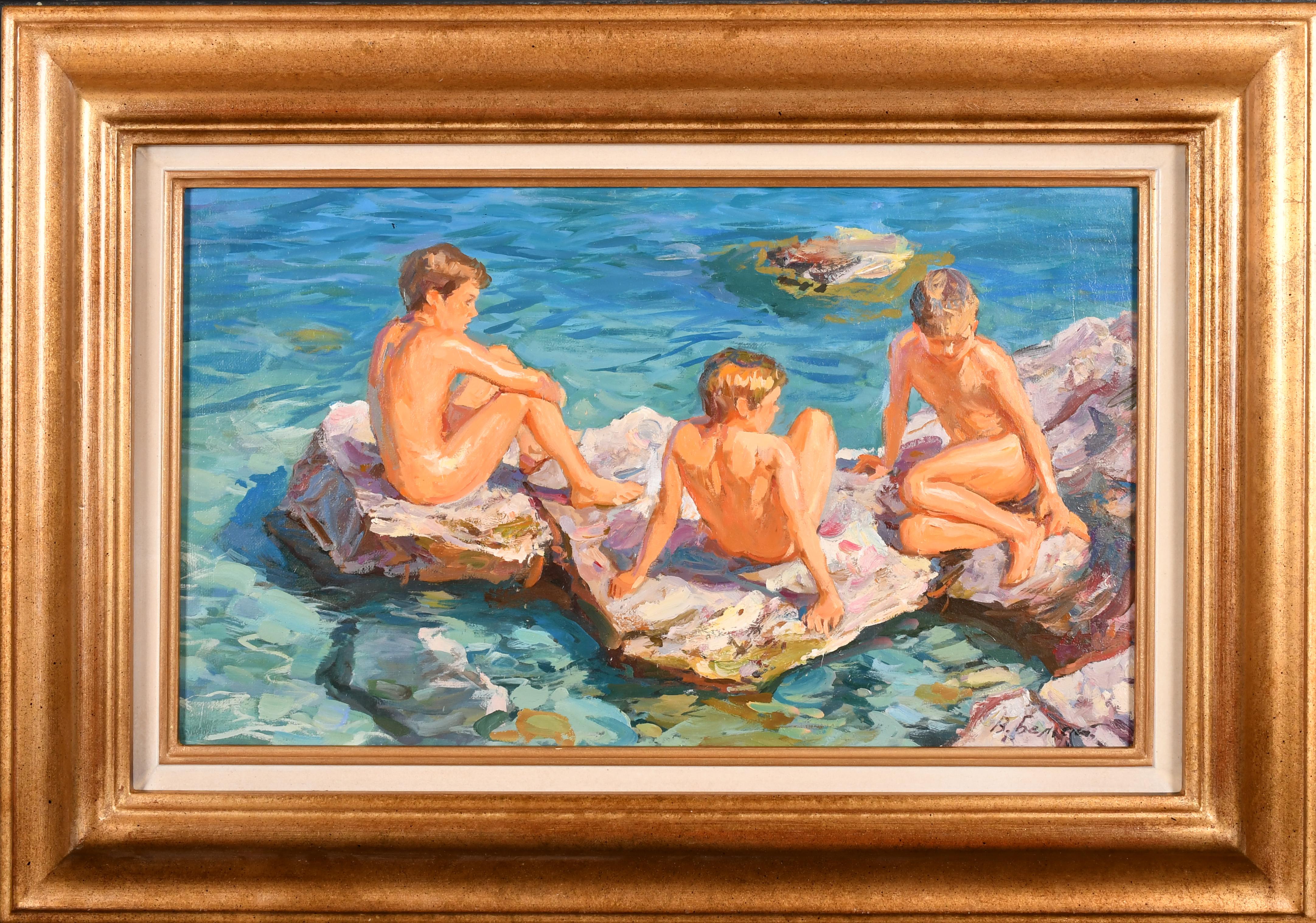 Los bañistas-Chicos desnudos sentados en las rocas junto al mar - Painting de Vladimir Belsky