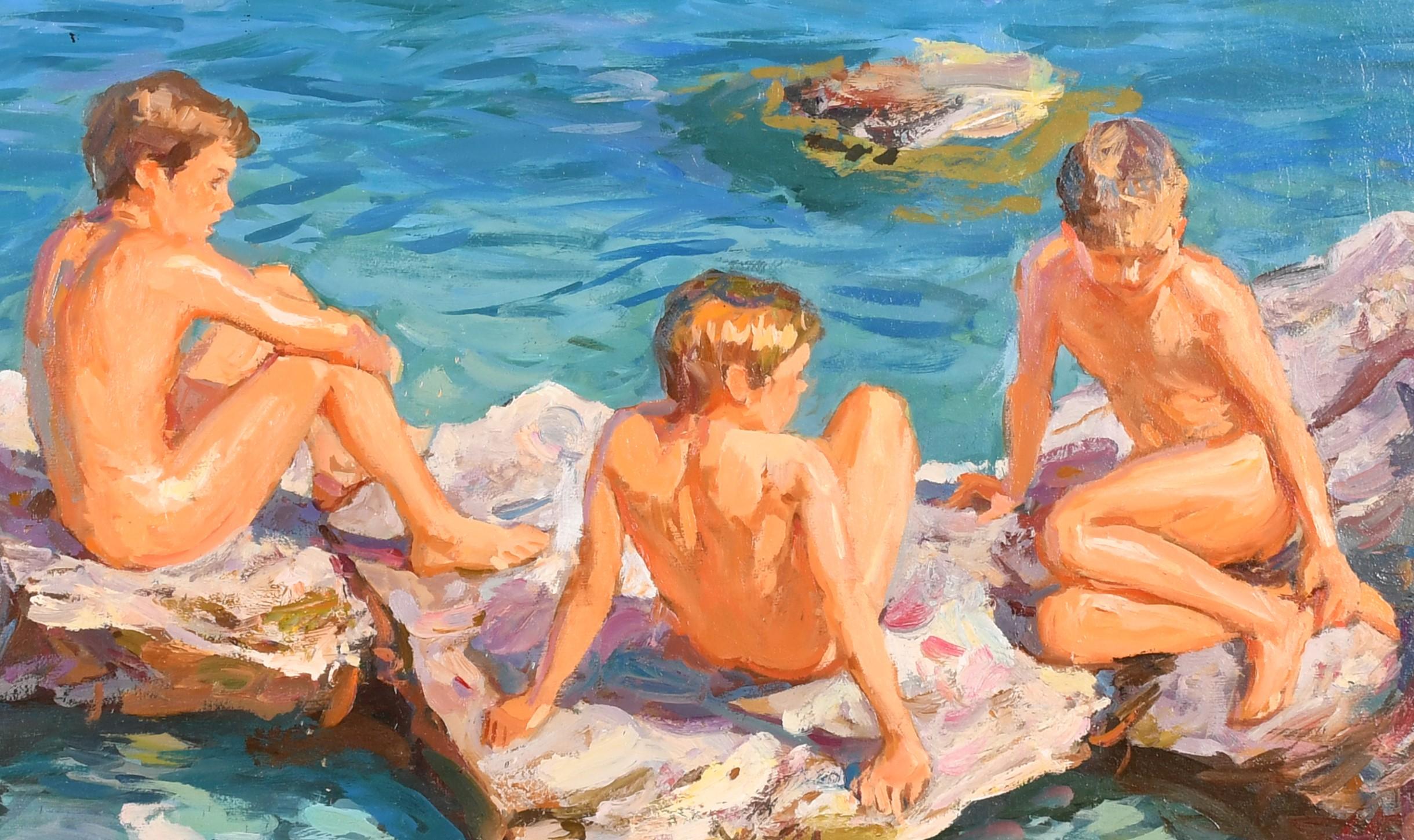 Los bañistas-Chicos desnudos sentados en las rocas junto al mar - Painting Impresionista de Vladimir Belsky