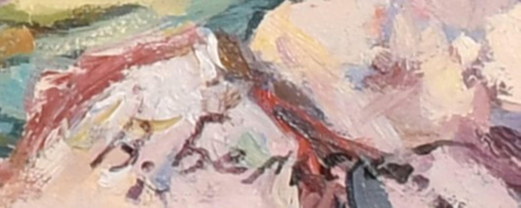 Los bañistas-Chicos desnudos sentados en las rocas junto al mar - Nude Painting Gris de Vladimir Belsky