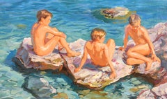 The Bathers-Nude Boys Sitting on the Rocks beside the Sea