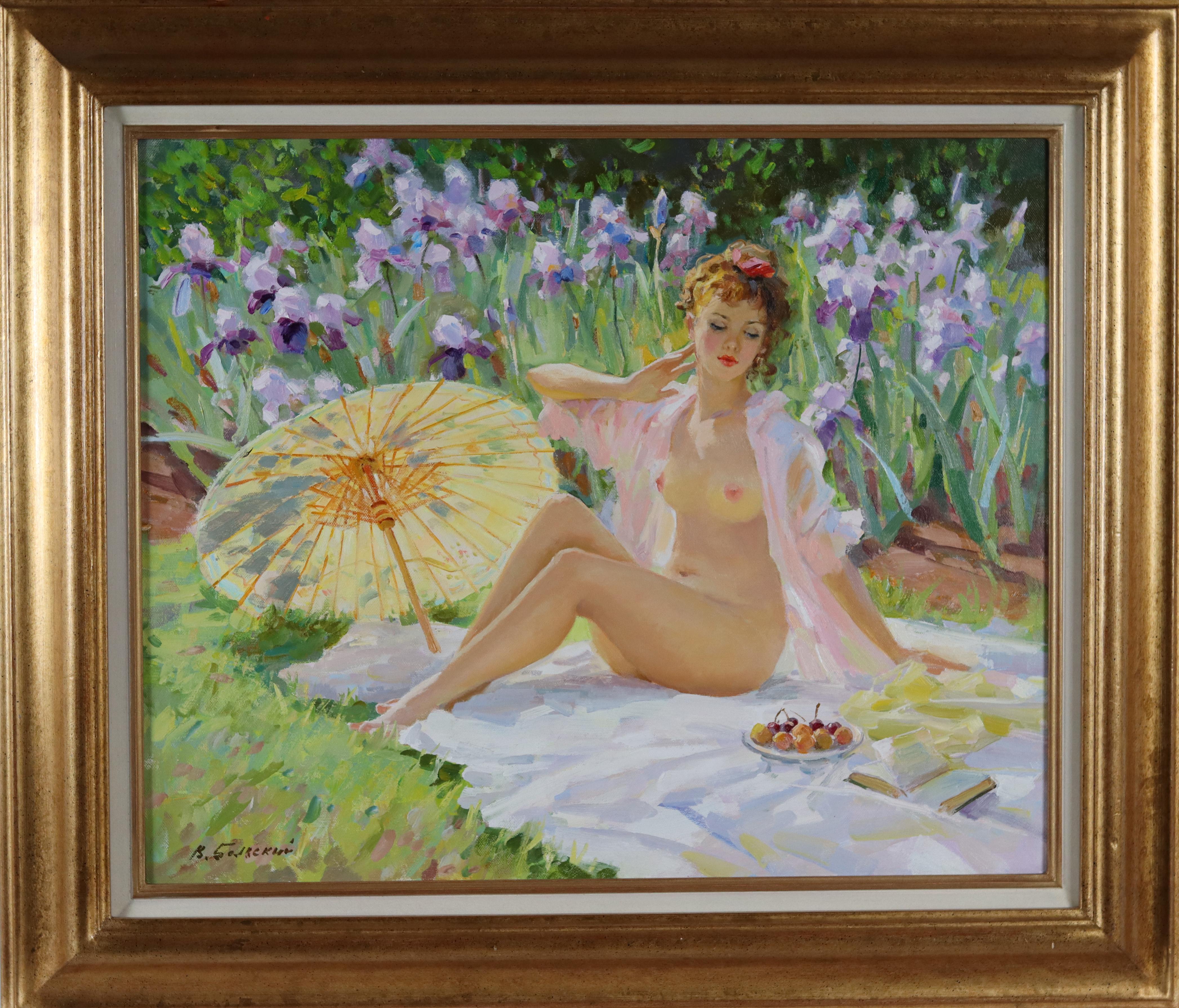 Un nu assis sur un tapis, dans un jardin de fleurs 1 - Painting de Vladimir Belsky