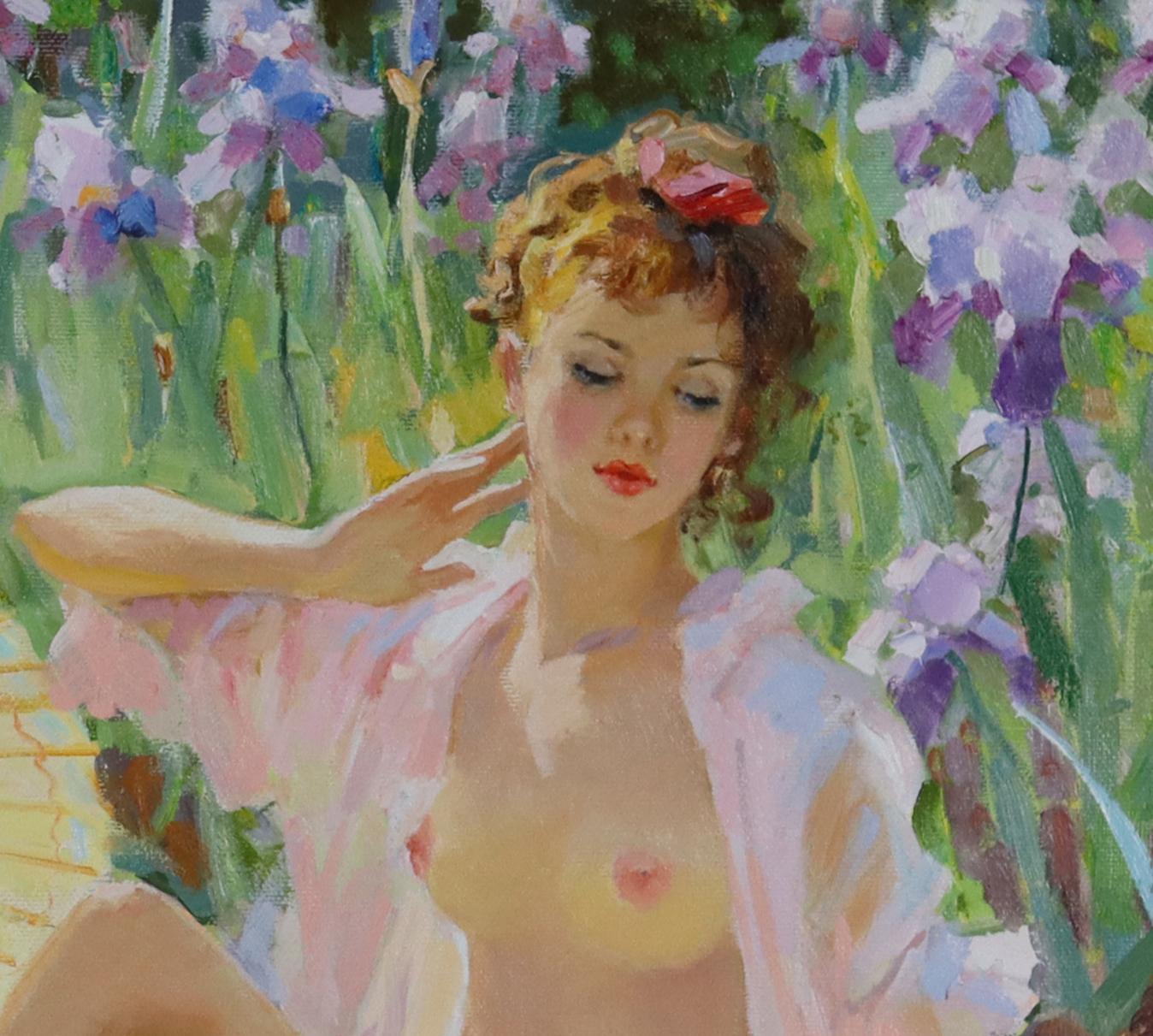 Un nu assis sur un tapis, dans un jardin de fleurs 1 - Impressionnisme Painting par Vladimir Belsky