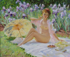 A Nude sitting on a Rug, in a Flower Garden 1
