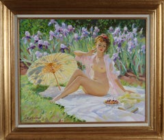 A Nude sitting on a Rug, in a Flower Garden