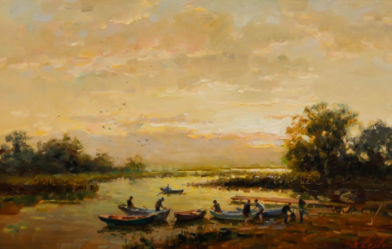 Vladimir Belsky (geb. 1949) - 20. Jahrhundert Öl, The Riverbank at Sunset im Angebot 1