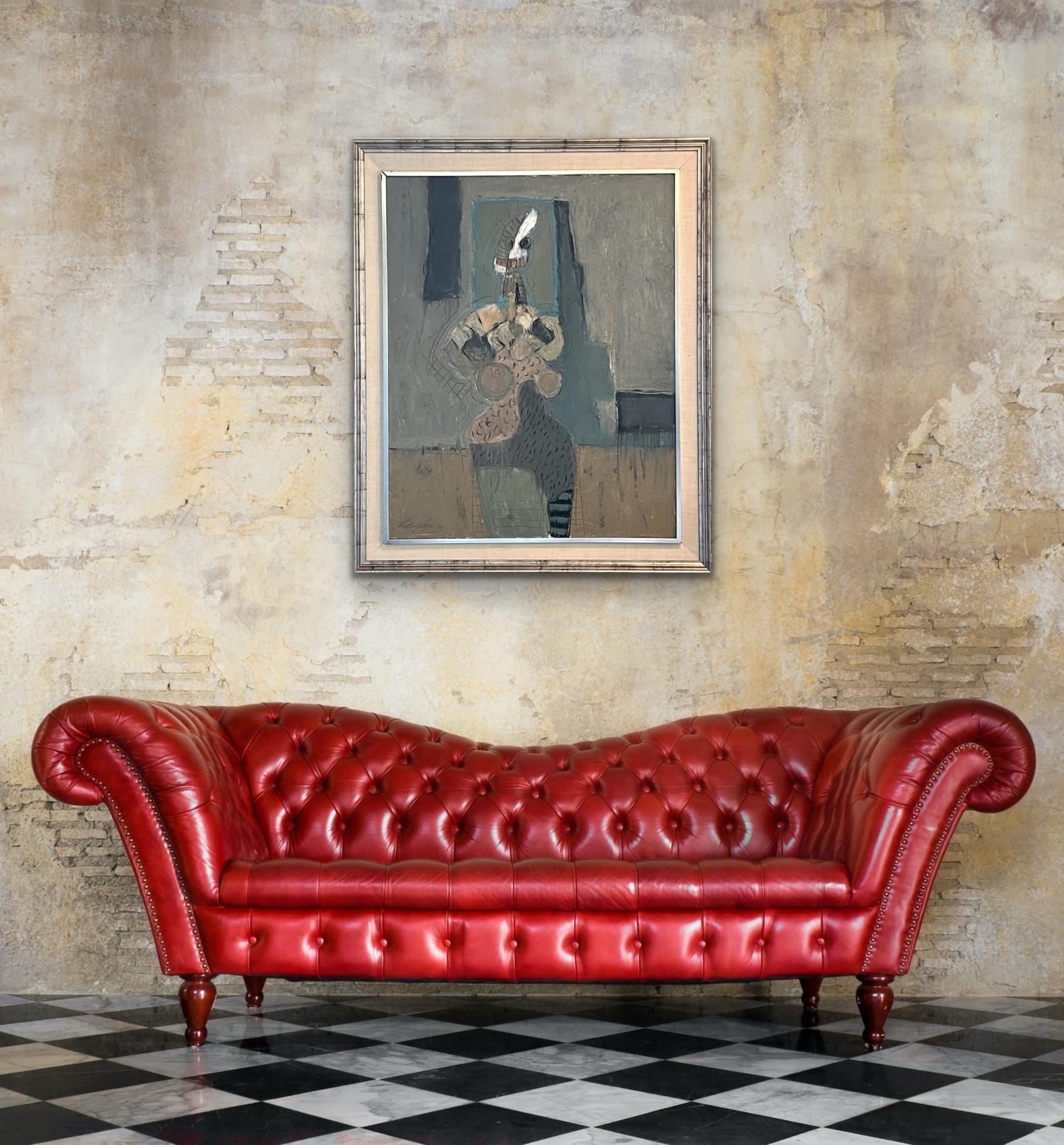 Sitzende Frau, Öl/Leinwand 1989, Kubistische abstrakte weibliche Figur, COLORFUL im Angebot 10