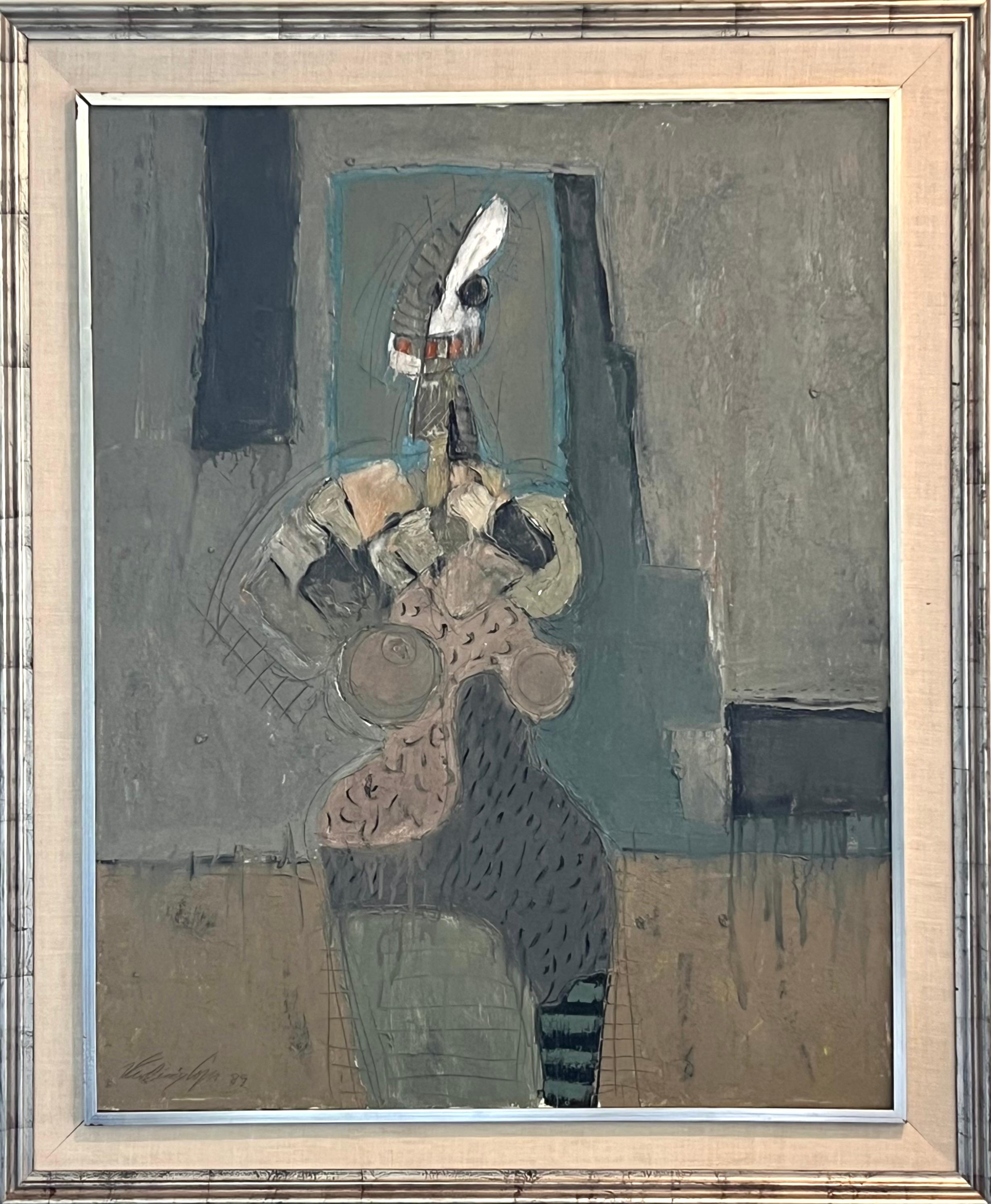 Sitzende Frau, Öl/Leinwand 1989, Kubistische abstrakte weibliche Figur, COLORFUL – Painting von Vladimir Cora
