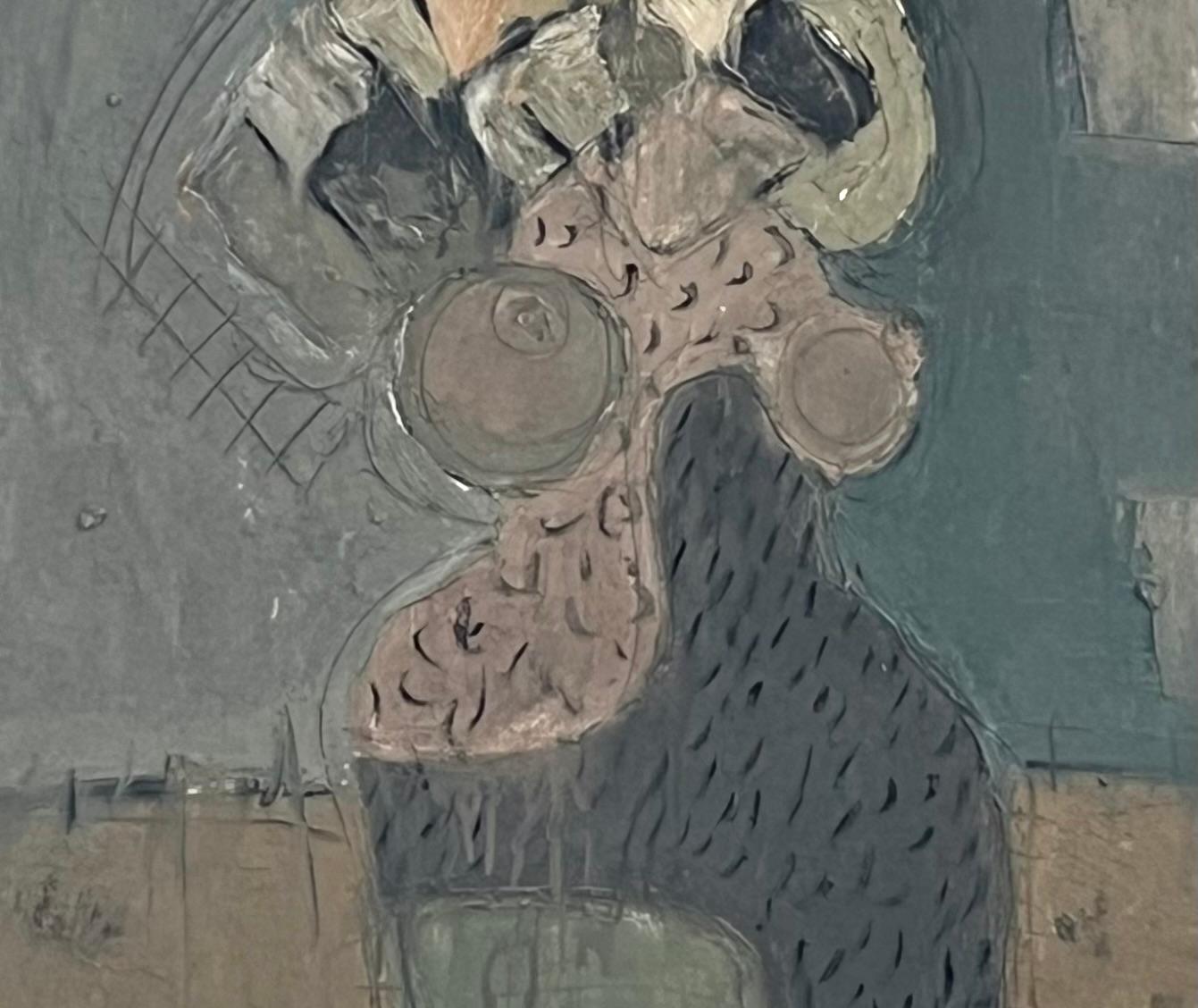 Sitzende Frau, Öl/Leinwand 1989, Kubistische abstrakte weibliche Figur, COLORFUL im Angebot 1