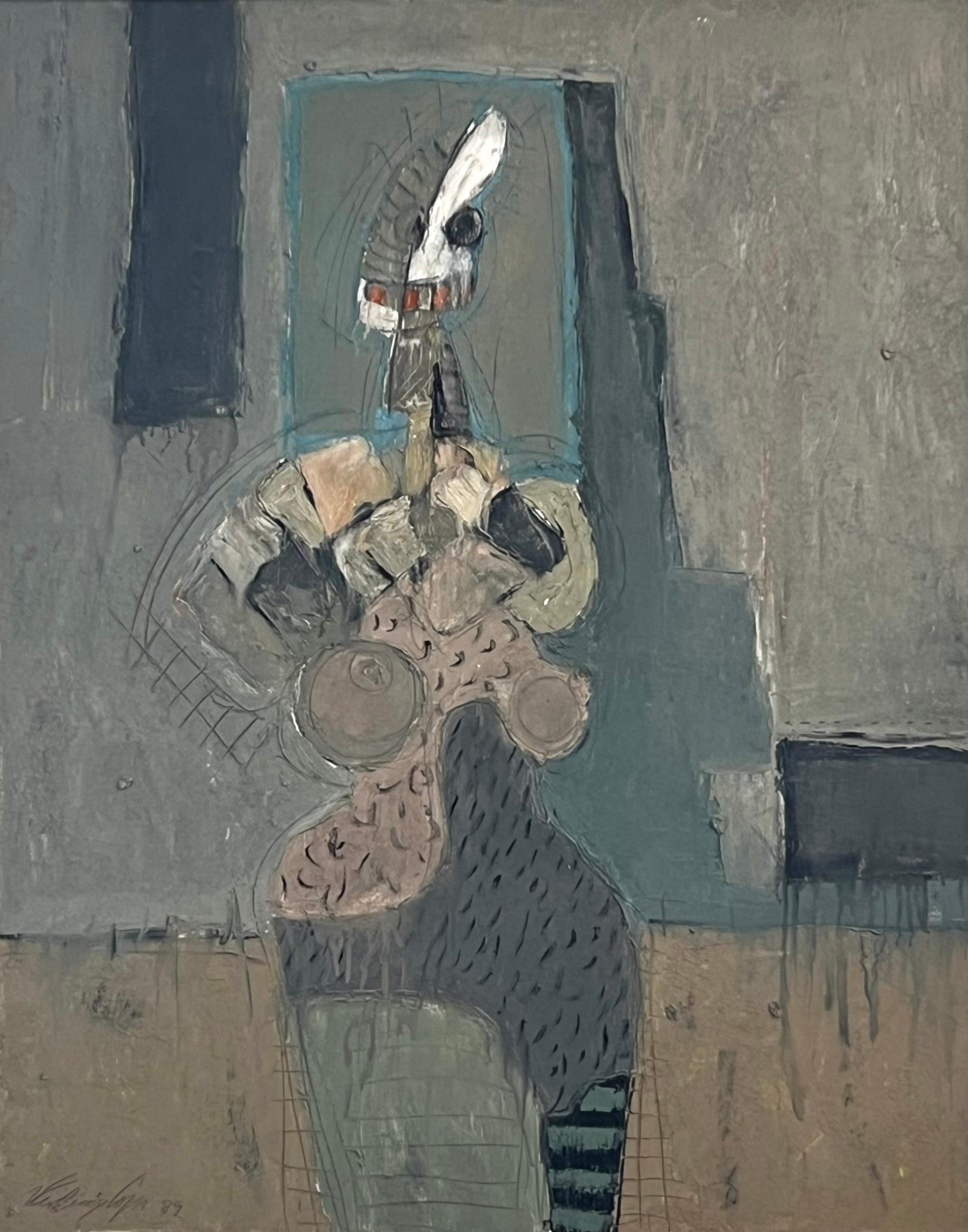 Sitzende Frau, Öl/Leinwand 1989, Kubistische abstrakte weibliche Figur, COLORFUL