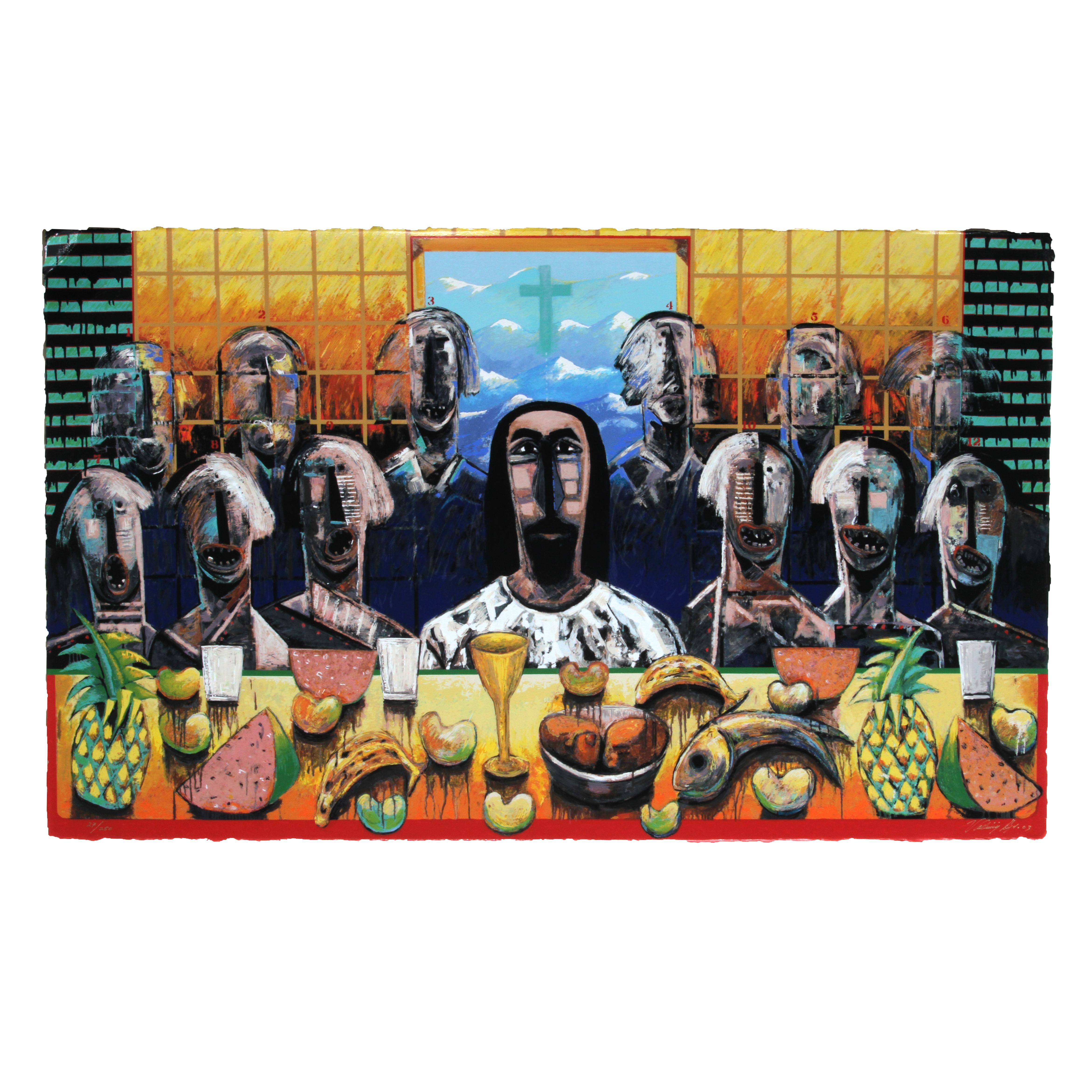 Serigraphs are of the highest quality with deckle edge.
Edition size is 250
Complete 250 edition is now available for the first time.
Size: 29.5 in. x 50 in.
All pieces are signed and numbered.

Vladimir Cora's La Ultima Asemblea (The Last Supper)
