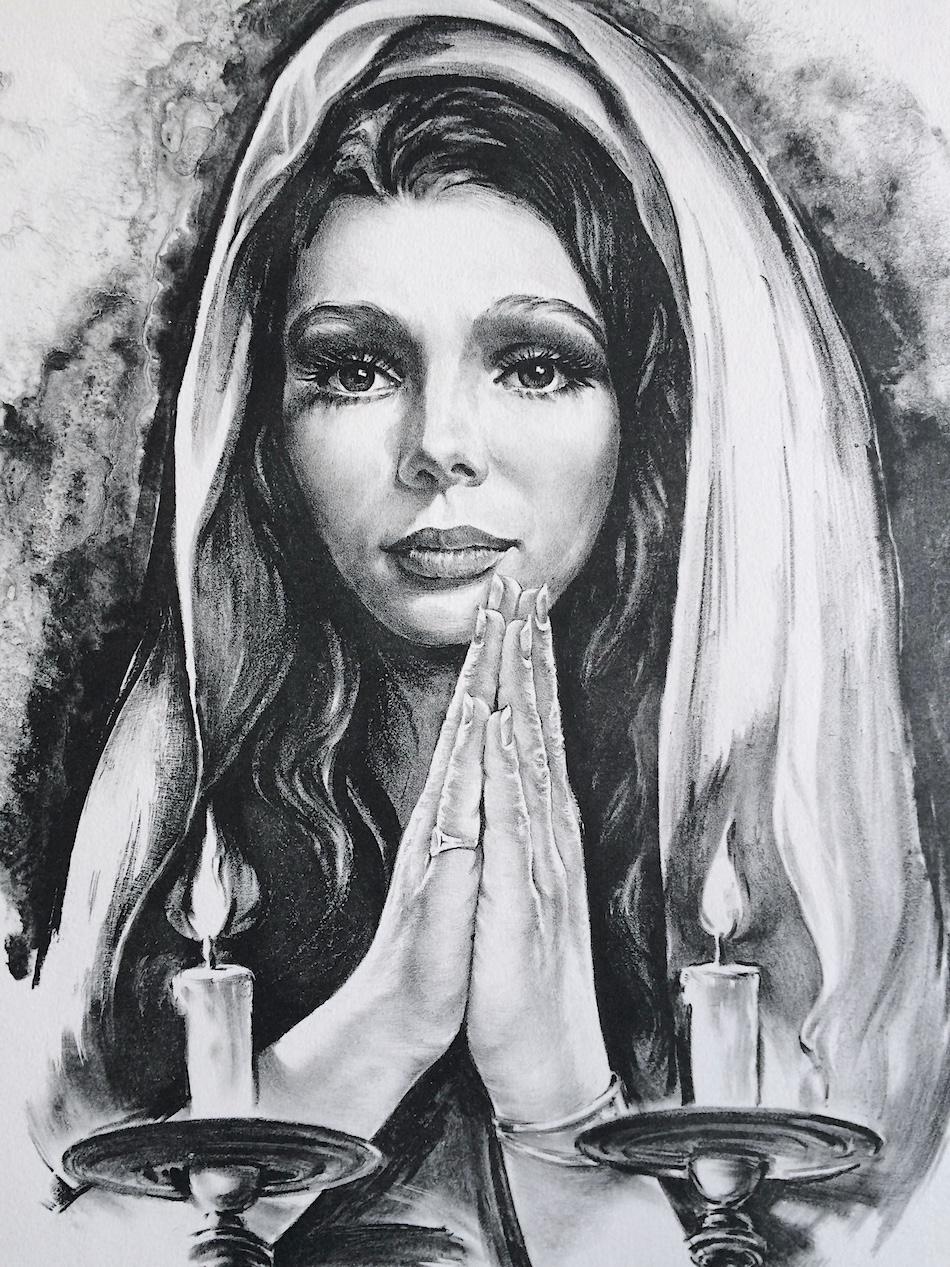 BLESSINGS Signed Lithograph, Realist Portrait, Veiled Woman Praying Near Candles - Print by Vladimir Dashevsky